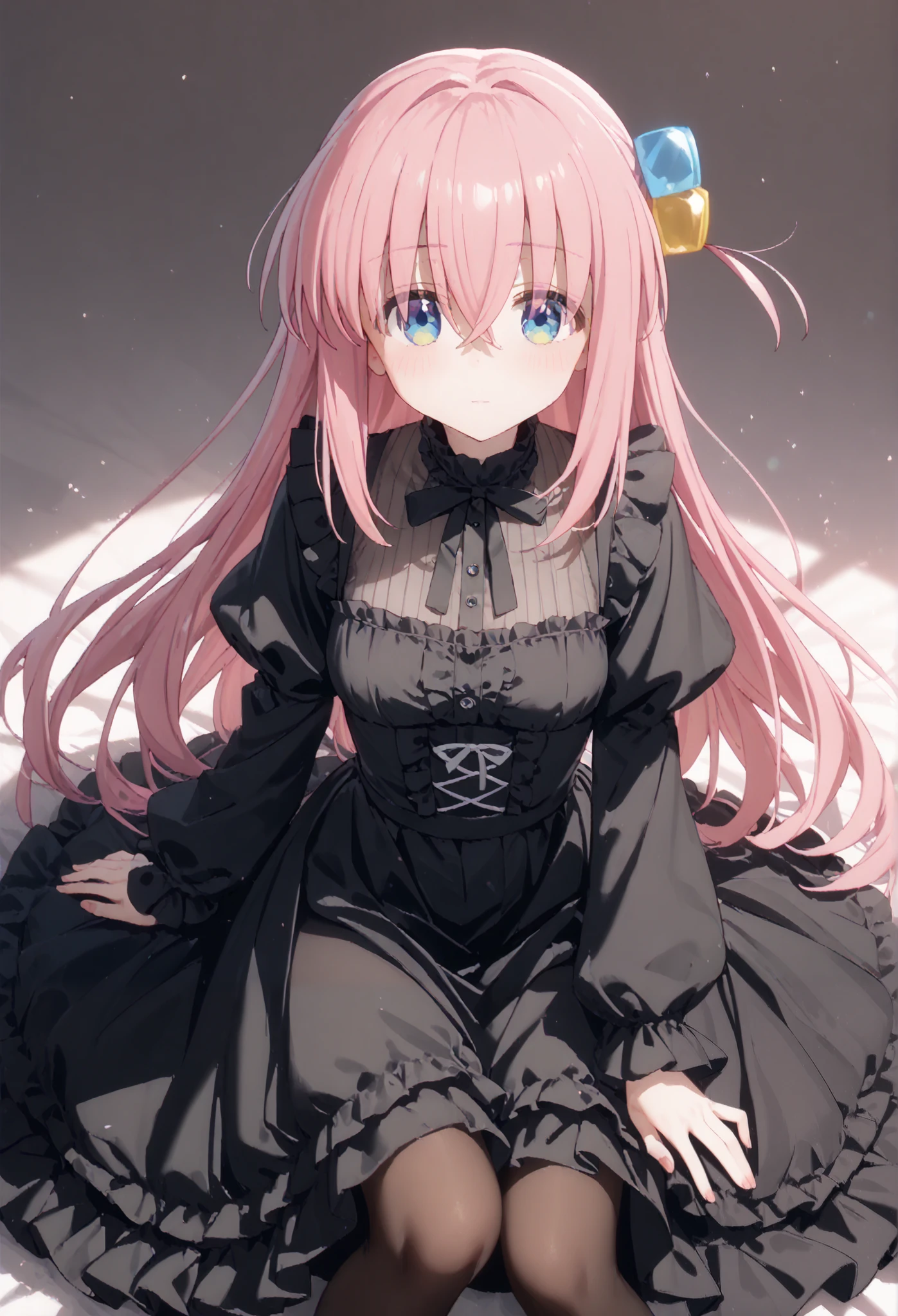 the character is a cartoon anime girl dressed in black  clothing, 1girl, gotou hitori, solo, cube hair ornament, blue eyes, pink hair, hair ornament, long hair, blush,gothic lolita dress, pantyhose, looking at viewer, breasts, one side up, black dress, bangs, hair between eyes, Mystical