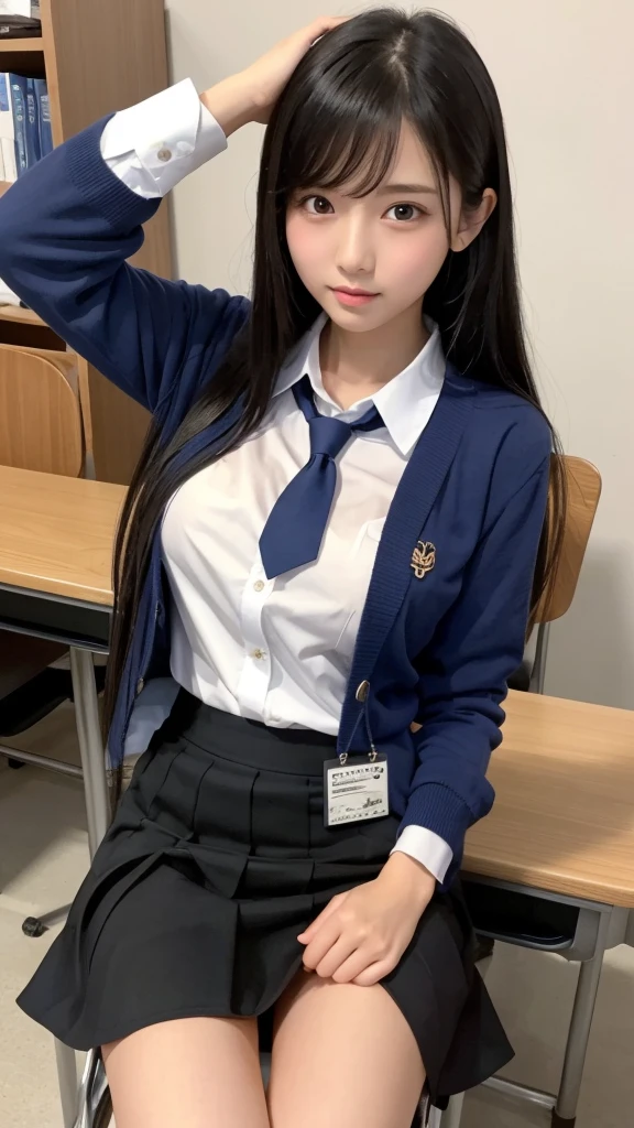 Best Quality、High resolution、A beautiful high school girl spreads her legs to show off her pussy、Long Black Hair、Firm breasts、Student Uniform,Blue collared long sleeve shirt、mini skirt、Great style、nsfw, sitting on desk, legs wide open:1.5, Pussy:1.5, Detailed Pussy:2.0、The shirt and skirt don&#39;t go together、The correct structure of the human body