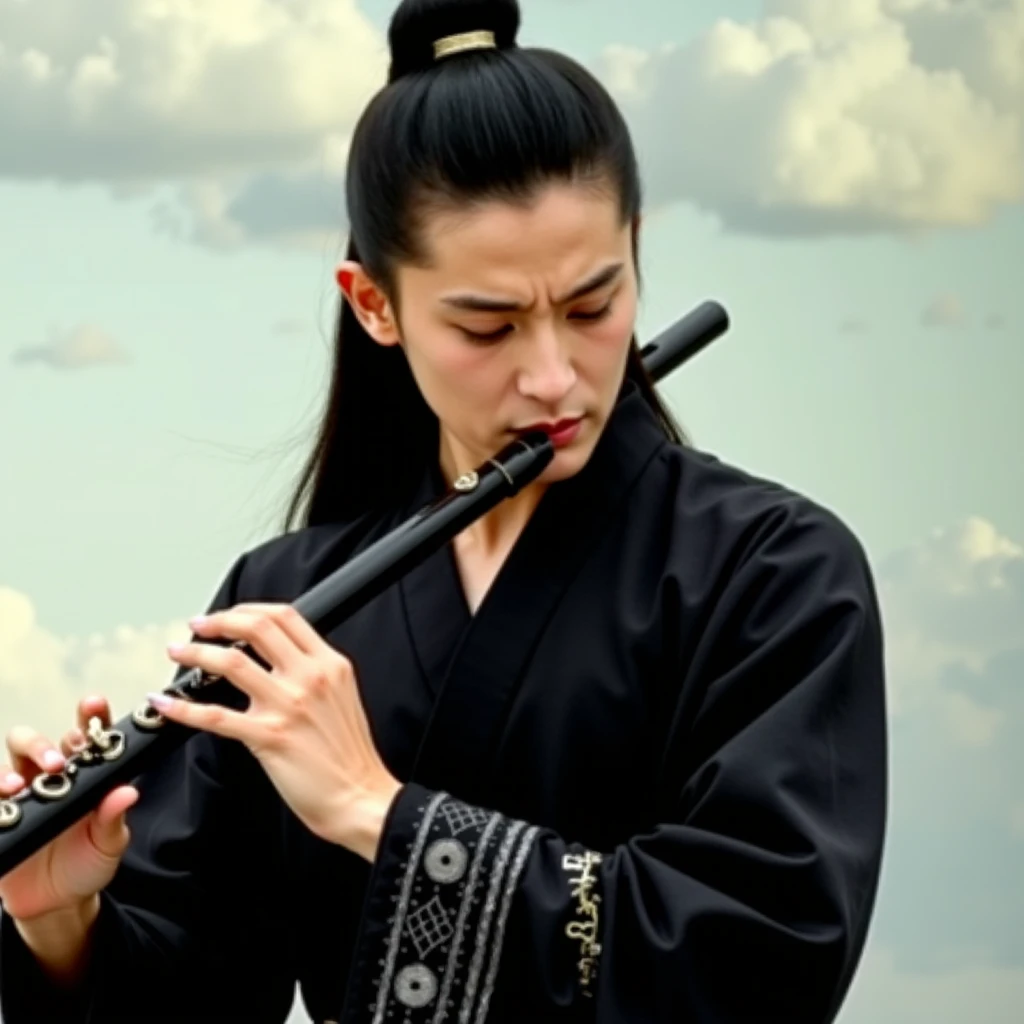 Photo scene of a young male playing a traditional black flute, set against a serene pastel-colored background with soft clouds. The individual has long, sleek dark hair styled traditionally, wearing an elegant dark robe with intricate patterns. Their expression is intense and focused, capturing a deep emotional moment as they play the flute. The lighting softly illuminates their face, highlighting their sharp features and the polished texture of the flute. The overall atmosphere is peaceful and slightly mystical, with a blend of ancient cultural essence and modern artistic detail."