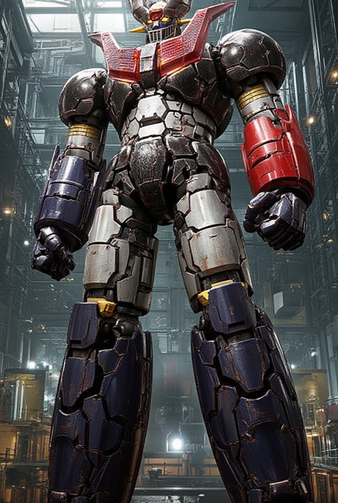  a very realistic version of the modified Mazinger Z,  standing 100 meters high in front  .   constructed with modern materials such as steel  ,   Carbon Fiber  ,   Other industrial elements are also visible  ,   just like the real thing  ,   has been carefully recreated 。.  set in a modern nuclear reactor facility 、 an industrial environment where a high voltage current flows and emits light   ,   Masinger Z standing around  ,   are illuminated by natural light  、  A huge structure highlighted by realistic shadows  . LED light lighting  　Gundam