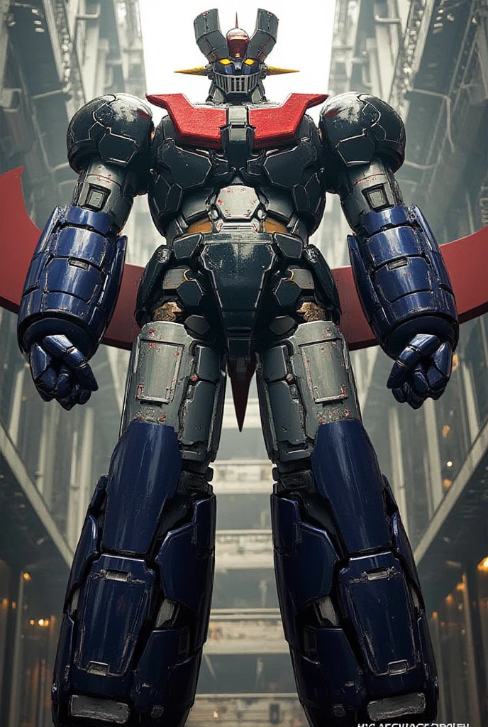  a very realistic version of the modified Mazinger Z,  standing 100 meters high in front  .   constructed with modern materials such as steel  ,   Carbon Fiber  ,   Other industrial elements are also visible  ,   just like the real thing  ,   has been carefully recreated 。.  set in a modern nuclear reactor facility 、 an industrial environment where a high voltage current flows and emits light   ,   Masinger Z standing around  ,   are illuminated by natural light  、  A huge structure highlighted by realistic shadows  . LED light lighting  　Gundam