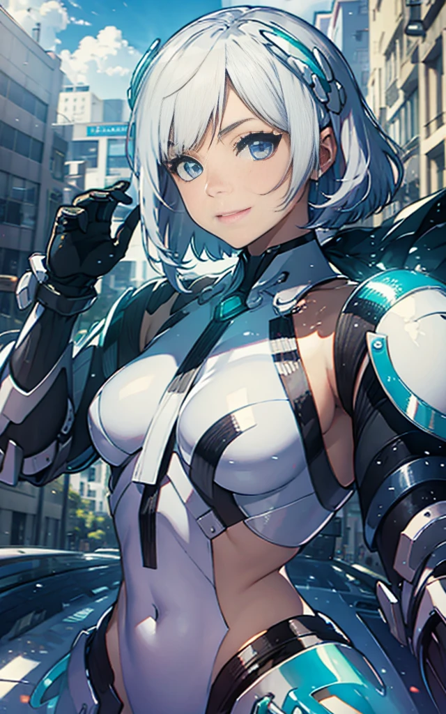 lightsmile, deva battle suit, Outdoors, Silver hair, bobhair, Blue eyes, waist shot

