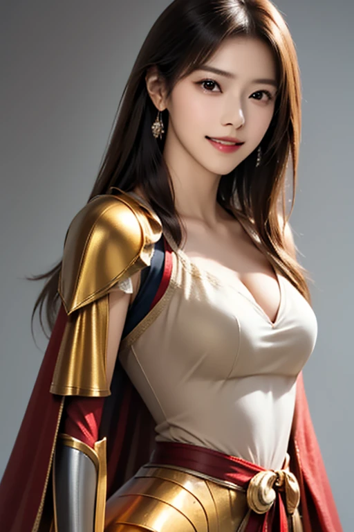 ((The upper body of a female warrior wearing gold and red armor and a cloak:1.4)),1 person,  black hair,  belly shortcut   ,Big breasts and cleavage,  high-definition face and skin texture  ,  staring at the camera,   Chinese Warrior:1.2,  perfect beauty: 1.4, fine grain,  double eyelids in a judo suit ,  whitening for women with bristles, top quality ,  super high res ,  simple background，Symmetrical Normal Eyes   , hair accessories, Slim Waist ,((great general)),