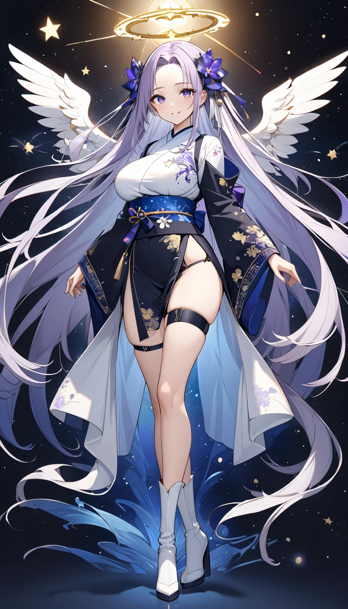 Fresh illustration,
Ultra-fine drawing,
Top quality,
Very delicate illustration,
Very fine details,
Beautiful charming anime woman,
Enchanting anime girl,
Super detailed,
Beautiful and sophisticated,
Illustration of a girl,
Full body,
Standing motionless,
Arms slightly spread,
Height 158cm,
Fair skin,
Right eye is blue,
Left eye is purple,
Odd eye,
Heterochromie iris,
Large black pupil,
Beautiful eyes,
Super long hair,
Shiny hair,
Only the roots of the hair are blue and the rest is white,
Hair has a gradient,
Forehead is exposed,
Cute face,
Pretty face,
A shining angel halo on the back of the head,
Lowered eyebrows,
Smiling,
Upper body in kimono,
Upper body in traditional Japanese clothing,
Overall white clothes,
Lower body in Chinese dress,
Obi color is black,
Tasteful embroidery with gold thread,
Clothes made of high-quality fabric,
Big breasts,
Thongs,
Garter belts,
Stockings,
Thigh straps,
Thigh straps digging into the skin,
White long boots,
Japanese-style toes,
Thin waist,
Thick thighs,
Isometric,
Golden ratio,
Divine atmosphere,
Wearing an indigo-colored stand-up collared inner,
Outer space,
Multiple galaxies,
Countless small stars,
Tactical use of shadows,
Clothes and hair do not extend beyond the frame,