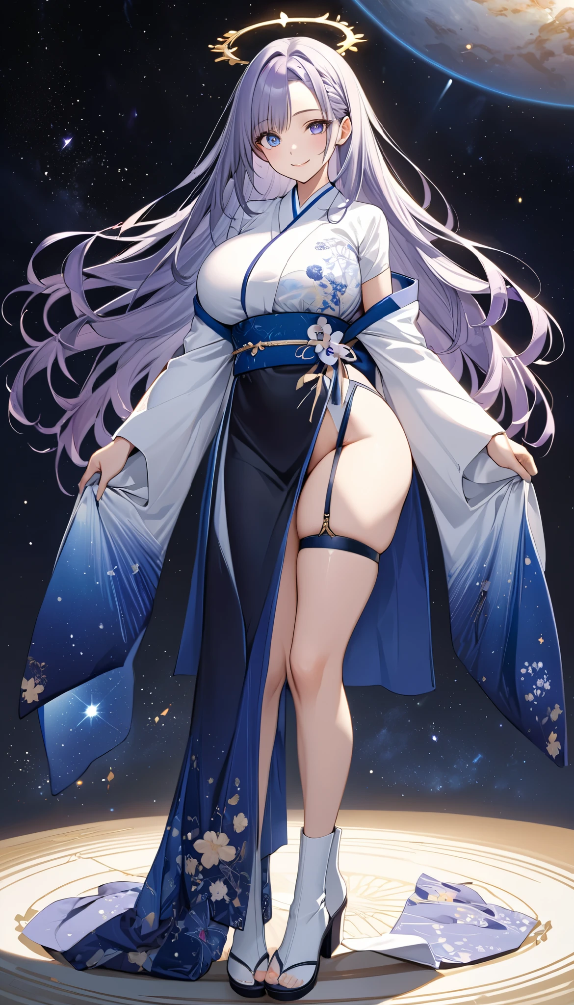 Fresh illustration,
Ultra-fine drawing,
Top quality,
Very delicate illustration,
Very fine details,
Beautiful charming anime woman,
Enchanting anime girl,
Super detailed,
Beautiful and sophisticated,
Illustration of a girl,
Full body,
Standing motionless,
Arms slightly spread,
Height 158cm,
Fair skin,
Right eye is blue,
Left eye is purple,
Odd eye,
Heterochromie iris,
Large black pupil,
Beautiful eyes,
Super long hair,
Shiny hair,
Only the roots of the hair are blue and the rest is white,
Hair has a gradient,
Forehead is exposed,
Cute face,
Pretty face,
A shining angel halo on the back of the head,
Lowered eyebrows,
Smiling,
Upper body in kimono,
Upper body in traditional Japanese clothing,
Overall white clothes,
Lower body in Chinese dress,
Obi color is black,
Tasteful embroidery with gold thread,
Clothes made of high-quality fabric,
Big breasts,
Thongs,
Garter belts,
Stockings,
Thigh straps,
Thigh straps digging into the skin,
White long boots,
Japanese-style toes,
Thin waist,
Thick thighs,
Isometric,
Golden ratio,
Divine atmosphere,
Wearing an indigo-colored stand-up collared inner,
Outer space,
Multiple galaxies,
Countless small stars,
Tactical use of shadows,
Clothes and hair do not extend beyond the frame,