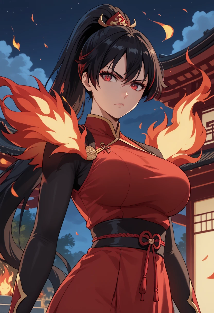 black woman, woman, flaming hair, black skin, anime style, red fire powers, dark red eyes, black hair, long hair, ponytail, serious, red fire, chinese temple, large breasts, traditional japanese clothing, goddess, red flames, adult, fire on the ends of the hair, red dress, night