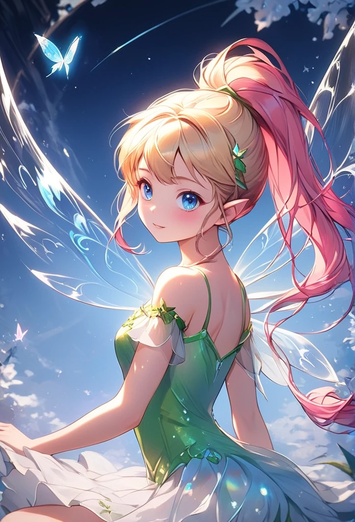 1girl,20yo,she is pixie, (cute and delicate Tinker Bell fairy),(blonde and pink hair..ponytail),(blue eyes), emanates an enchanting aura,
perched delicately on a fingertip, seemingly eager to take flight.(The fairy), glowing wings and intricate particle details,
The background is a natural, 
serene setting that seamlessly blends with the fantastical creature. Fantasy realism and miniature world creates a sense of wonder, delight,and amazenament,vibrant colors,hdr,8k