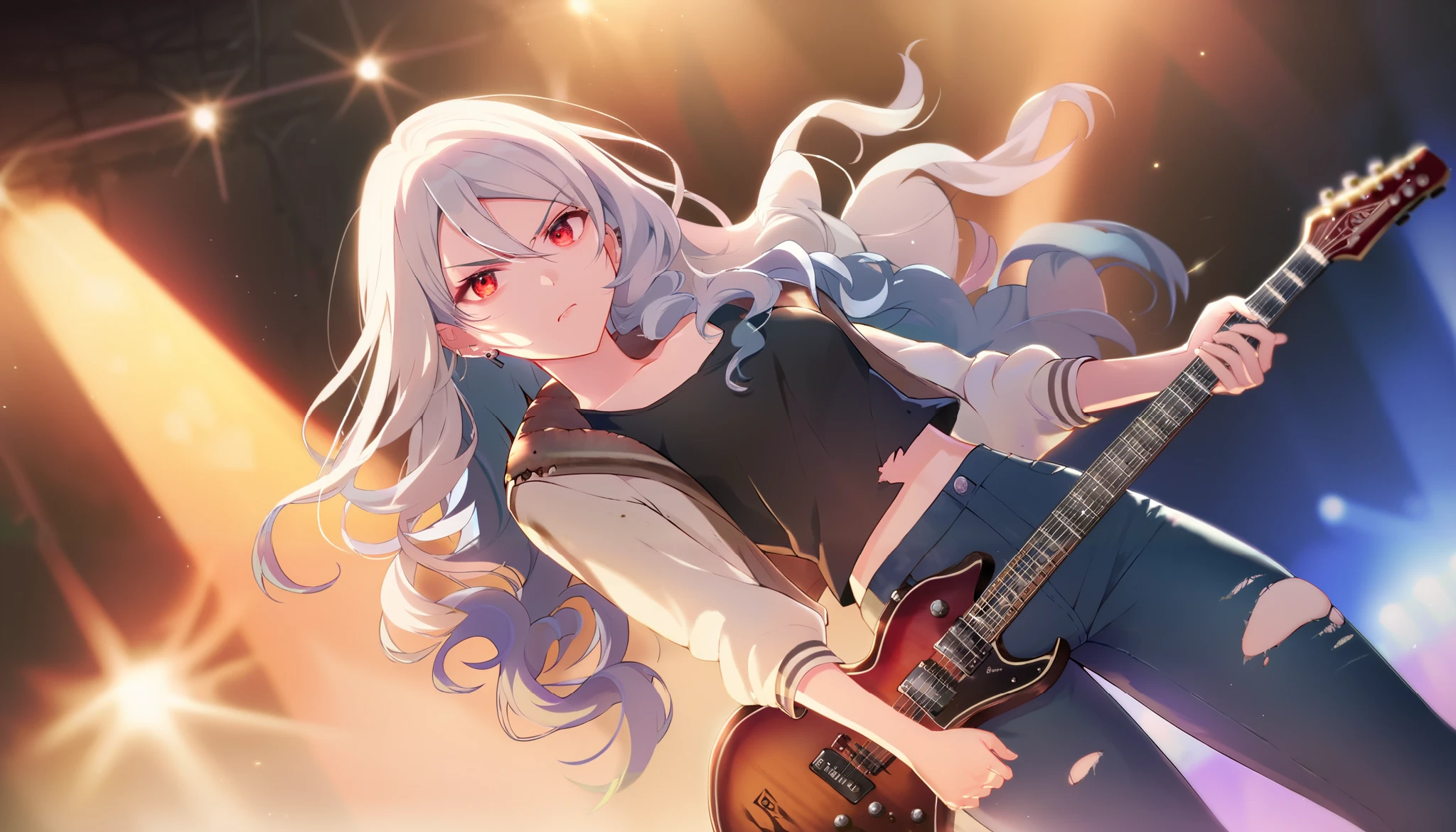 score_9, score_8_up, score_7_up, score_6_up, score_5_up, score_4_up, 1girl, solo focus, white hair, red eyes, medium hair, (long hair:1.3), wavy hair, hair between eyes, annoyed, piercings, (black jeans:1.2), ripped jeans, vest, tank top, chest sirashi, bomber jacket, open jacket, concert stage, microphone, electric guitar, warm lighting