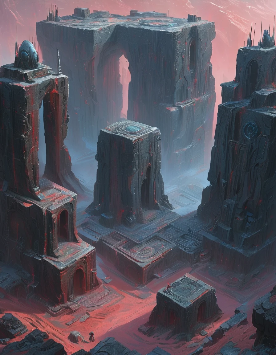A carvings depict the fierce visage of a alien robotic with gray skin, blue eyes, and pinkish-red tentacles, now abandoned and half-buried in the shifting snows. The monument’s surface is cracked and worn, with faint traces of its legendary origin still visible. A group of figures stands nearby, dwarfed by the monument’s immense scale, gazing up at it in awe and wonder, as though seeking answers from a bygone era of myth and magic.