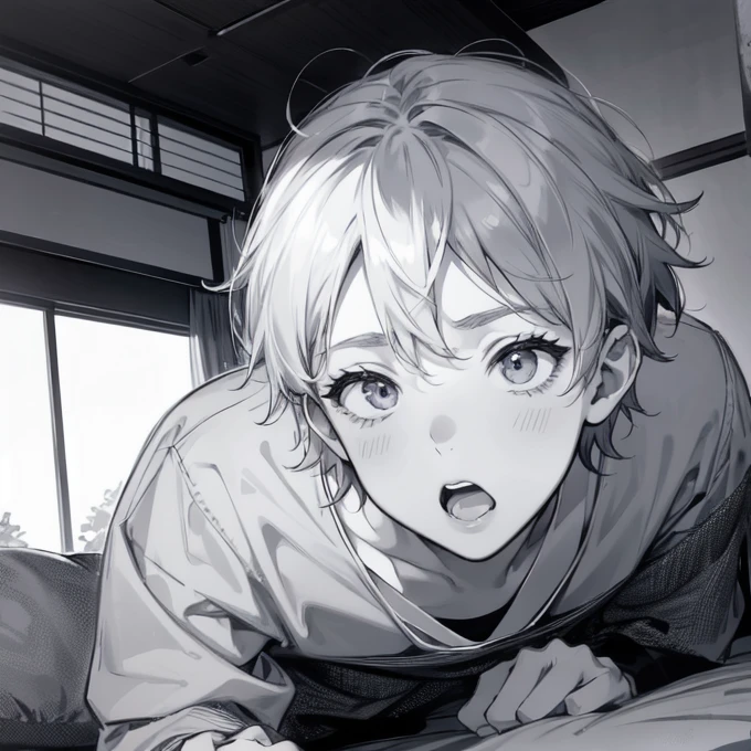 1 boy,Waking up,monochrome