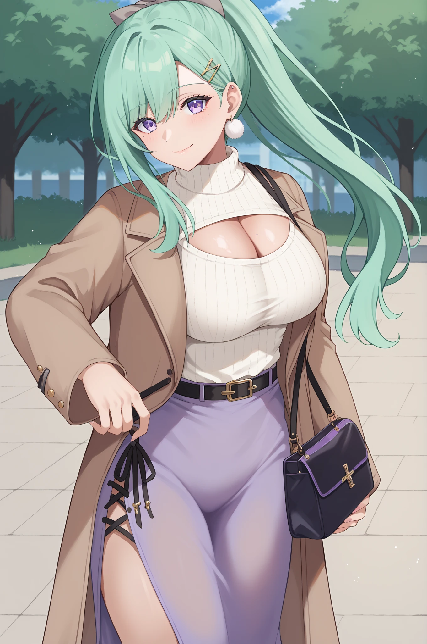 score_9, score_8_up, score_7_up, source_anime, beniyakumo, 1girl, solo, green hair, long hair, ponytail, hair bow, grey bow, hairclip, hair ornament, swept bangs, purple eyes, large breasts, cleavage, mole, mole on breast, brown coat, white sweater, cleavage cutout, see-through, turtleneck sweater, black belt, purple skirt, long skirt, cross-laced clothes, side slit, handbag, earrings, pom pom \(clothes\), looking at viewer, smile, closed mouth, standing, outdoors, cowboy shot, 