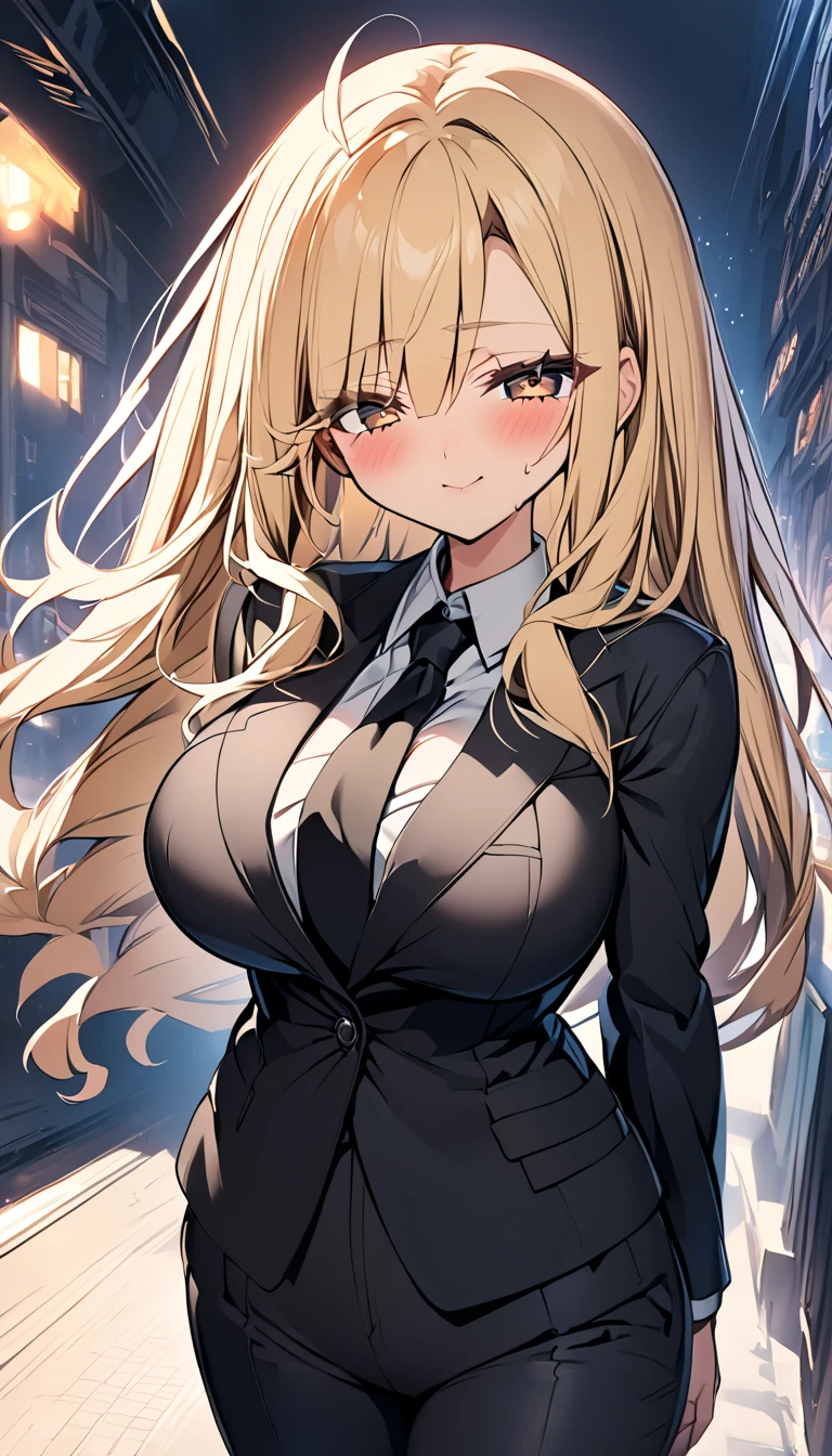  One girl 　 cute girl　 ANIME STYLE　Anime Face　 anime style　Beauty　Big Breasts　 top and bottom black pant suit 　 black shirt　Black color tie　Blonde hair　 straight hair 　 long hair on her face