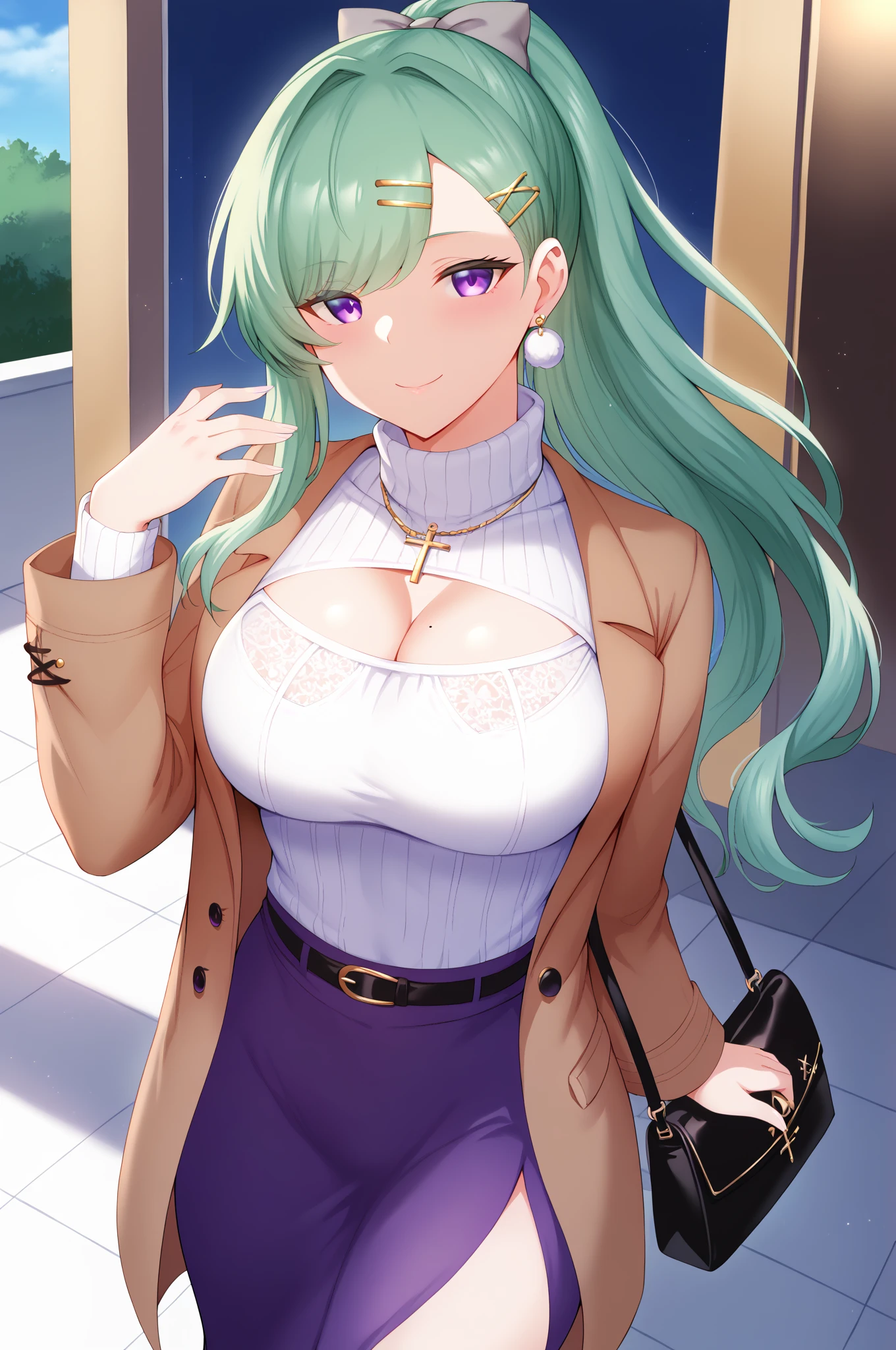 score_9, score_8_up, score_7_up, source_anime, beniyakumo, 1girl, solo, green hair, long hair, ponytail, hair bow, grey bow, hairclip, hair ornament, swept bangs, purple eyes, large breasts, cleavage, mole, mole on breast, brown coat, white sweater, cleavage cutout, see-through, turtleneck sweater, black belt, purple skirt, long skirt, cross-laced clothes, side slit, handbag, earrings, pom pom \(clothes\), looking at viewer, smile, closed mouth, standing, outdoors, cowboy shot, 