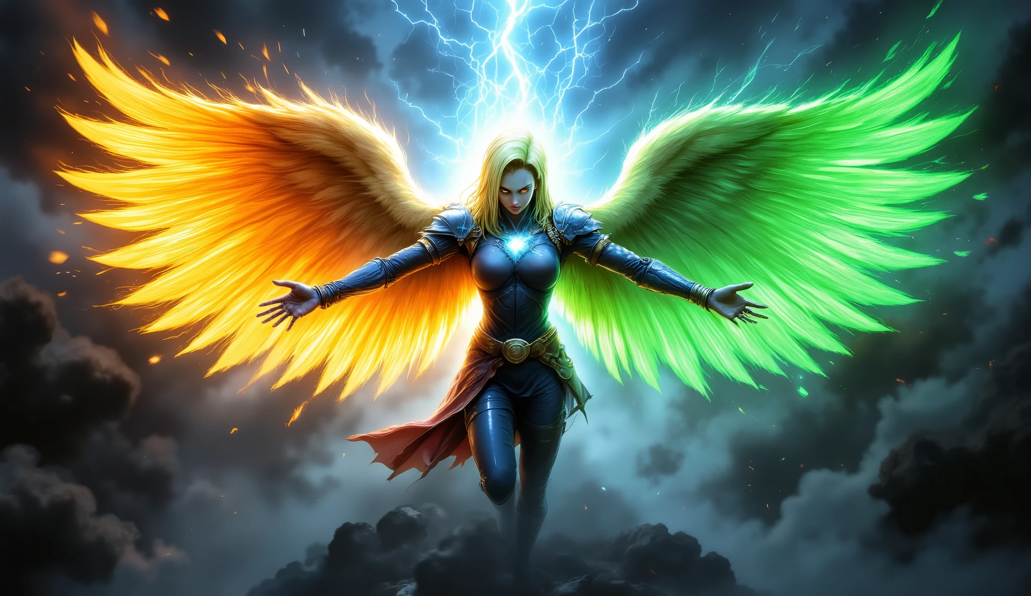 full body view, android c 18 as a holy arch angel in beautiful armor and holy magic aura with huge wings, the left wing is fire wing and right wing is green thunder wing