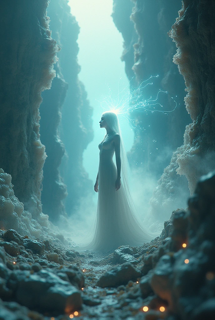 a one woman, silver hair, standing backwards, Summoning portals with small creatures