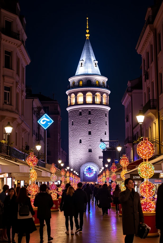 Colorful candies decorations on the street of Galata Tower, which is specially decorated for the New Year's Eve Lights People have come to visit the Galata Tower there are also people at the top of Galata Tower there are also people at the top of the Galata Tower is illuminated at the same time people are playing snowballs with each other and gifts are raining from the sky