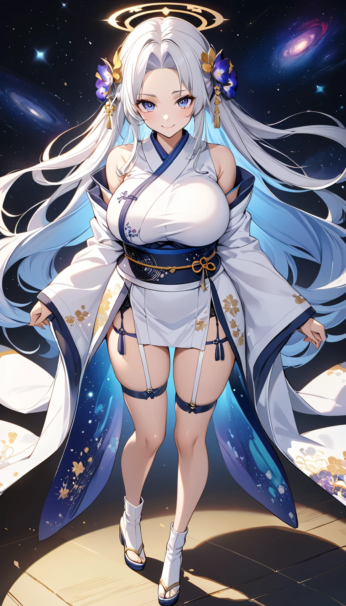 Fresh illustration,
Ultra-fine drawing,
Top quality,
Very delicate illustration,
Very fine details,
Beautiful charming anime woman,
Enchanting anime girl,
Super detailed,
Beautiful and sophisticated,
Illustration of a girl,
Full body,
Standing motionless,
Arms slightly spread,
Height 158cm,
Fair skin,
Right eye is blue,
Left eye is purple,
Odd eye,
Heterochromie iris,
Large black pupil,
Beautiful eyes,
Super long hair,
Shiny hair,
Blue roots and white hair elsewhere,
Hair with gradient,
Forehead protruding,
Cute face,
Pretty face,
Shiny halo on back of head,
Lower eyebrows,
Smiling,
Upper body in kimono,
Upper body in traditional Japanese clothing,
Overall white clothes,
Lower body in Chinese dress,
Obi color is black,
Tasteful embroidery with gold thread,
High quality fabric clothes,
big breasts,
breasts look soft,
thong,
garter belt,
stockings,
thigh straps,
thigh straps digging into skin,
white long boots,
shoes with Japanese-style toes,
thin waist,
thick thighs,
isometric,
golden ratio,
divine atmosphere,
wearing an indigo-colored stand-up collared inner,
outer space,
multiple galaxies,
countless small stars,
tactical use of shadows,
clothes and hair do not extend beyond the frame,
