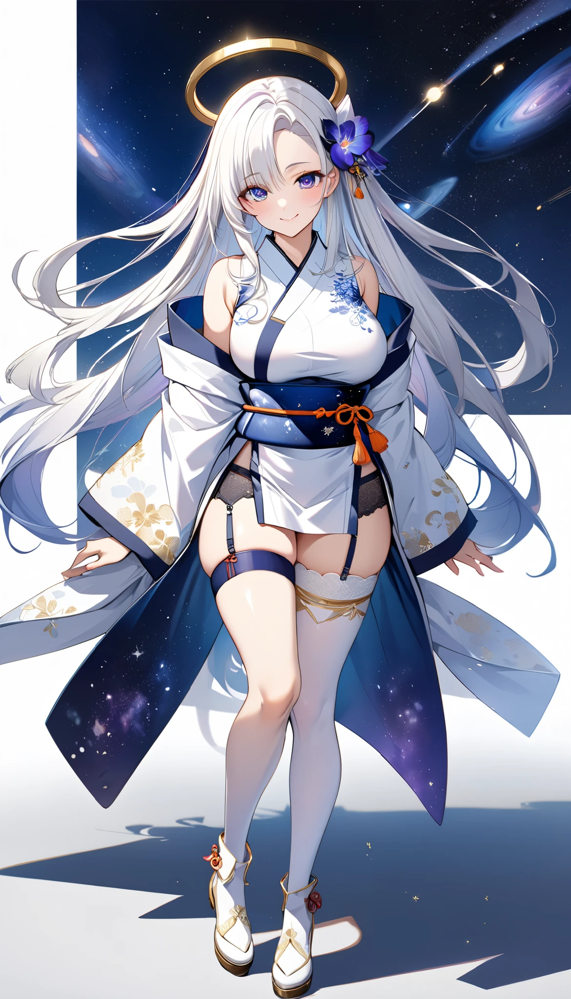 Fresh illustration,
Ultra-fine drawing,
Top quality,
Very delicate illustration,
Very fine details,
Beautiful charming anime woman,
Enchanting anime girl,
Super detailed,
Beautiful and sophisticated,
Illustration of a girl,
Full body,
Standing motionless,
Arms slightly spread,
Height 158cm,
Fair skin,
Right eye is blue,
Left eye is purple,
Odd eye,
Heterochromie iris,
Large black pupil,
Beautiful eyes,
Super long hair,
Shiny hair,
Blue roots and white hair elsewhere,
Hair with gradient,
Forehead protruding,
Cute face,
Pretty face,
Shiny halo on back of head,
Lower eyebrows,
Smiling,
Upper body in kimono,
Upper body in traditional Japanese clothing,
Overall white clothes,
Lower body in Chinese dress,
Obi color is black,
Tasteful embroidery with gold thread,
High quality fabric clothes,
big breasts,
breasts look soft,
thong,
garter belt,
stockings,
thigh straps,
thigh straps digging into skin,
white long boots,
shoes with Japanese-style toes,
thin waist,
thick thighs,
isometric,
golden ratio,
divine atmosphere,
wearing an indigo-colored stand-up collared inner,
outer space,
multiple galaxies,
countless small stars,
tactical use of shadows,
clothes and hair do not extend beyond the frame,