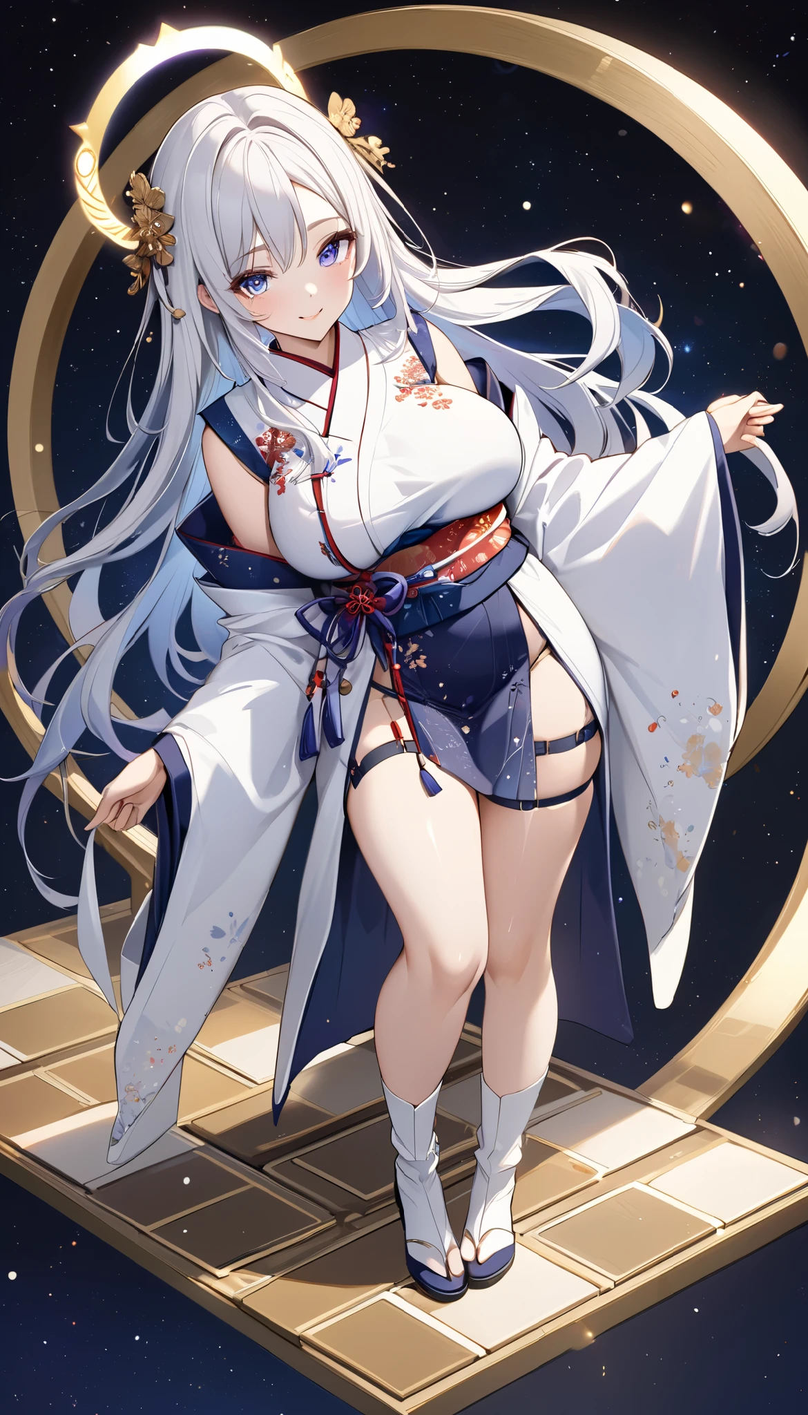 Fresh illustration,
Ultra-fine drawing,
Top quality,
Very delicate illustration,
Very fine details,
Beautiful charming anime woman,
Enchanting anime girl,
Super detailed,
Beautiful and sophisticated,
Illustration of a girl,
Full body,
Standing motionless,
Arms slightly spread,
Height 158cm,
Fair skin,
Right eye is blue,
Left eye is purple,
Odd eye,
Heterochromie iris,
Large black pupil,
Beautiful eyes,
Super long hair,
Shiny hair,
Blue roots and white hair elsewhere,
Hair with gradient,
Forehead protruding,
Cute face,
Pretty face,
Shiny halo on back of head,
Lower eyebrows,
Smiling,
Upper body in kimono,
Upper body in traditional Japanese clothing,
Overall white clothes,
Lower body in Chinese dress,
Obi color is black,
Tasteful embroidery with gold thread,
High quality fabric clothes,
big breasts,
breasts look soft,
thong,
garter belt,
stockings,
thigh straps,
thigh straps digging into skin,
white long boots,
shoes with Japanese-style toes,
thin waist,
thick thighs,
isometric,
golden ratio,
divine atmosphere,
wearing an indigo-colored stand-up collared inner,
outer space,
multiple galaxies,
countless small stars,
tactical use of shadows,
clothes and hair do not extend beyond the frame,