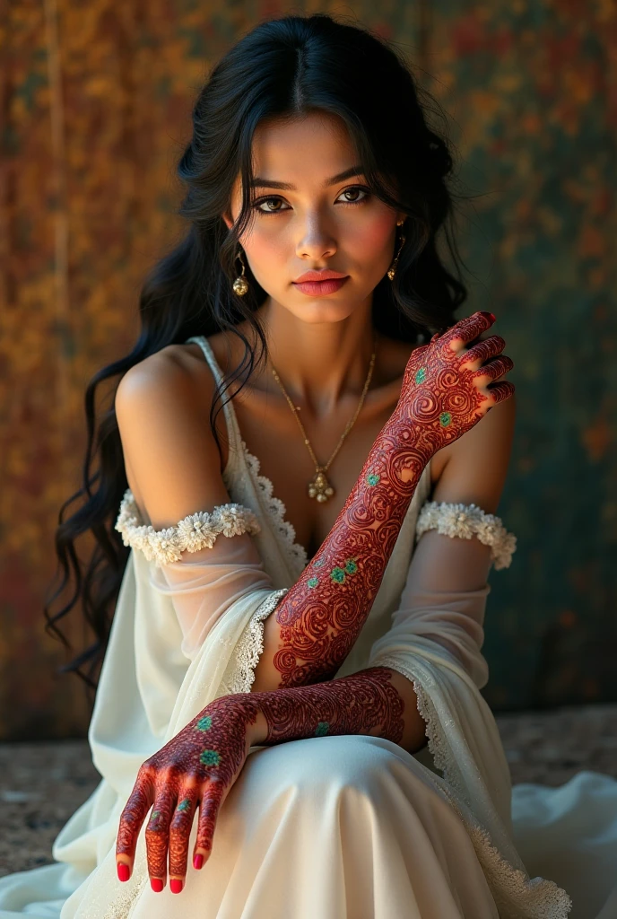 Create an image illustrating a Persian woman wearing henna to dye her hair and applying intricate temporary tattoos to her hands and feet. Show the cultural significance of this practice.