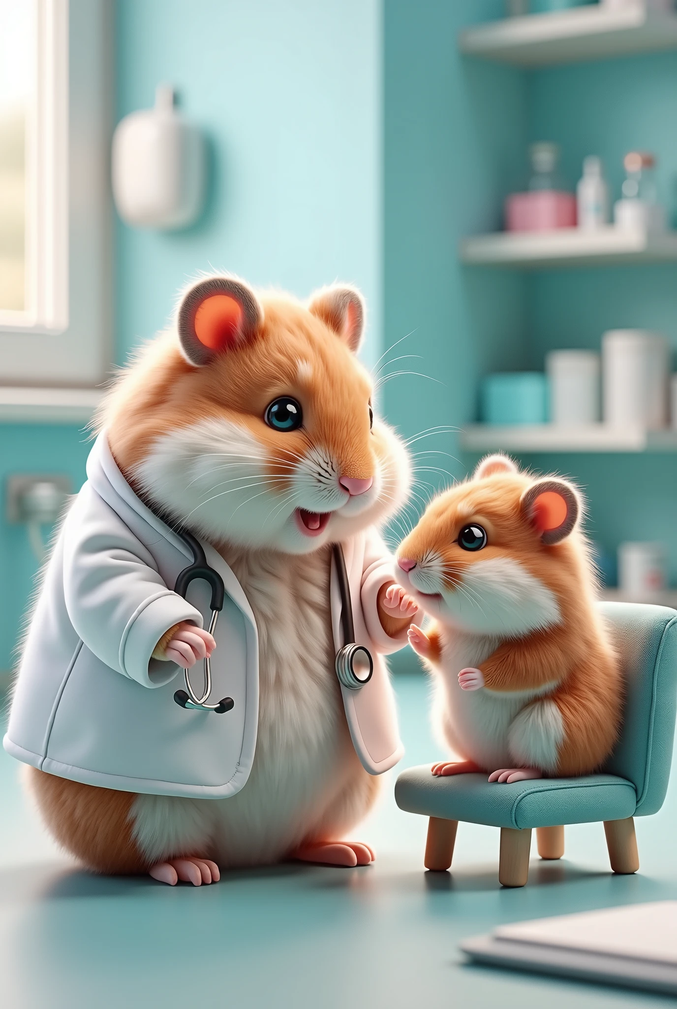 The scene is a hospital examination room. A very cute stuffed hamster with very short limbs and a fat body is dressed as a doctor in a white coat. A small baby hamster is sitting on a small chair. The doctor's hamster is examining the baby hamster, ral-fluff,