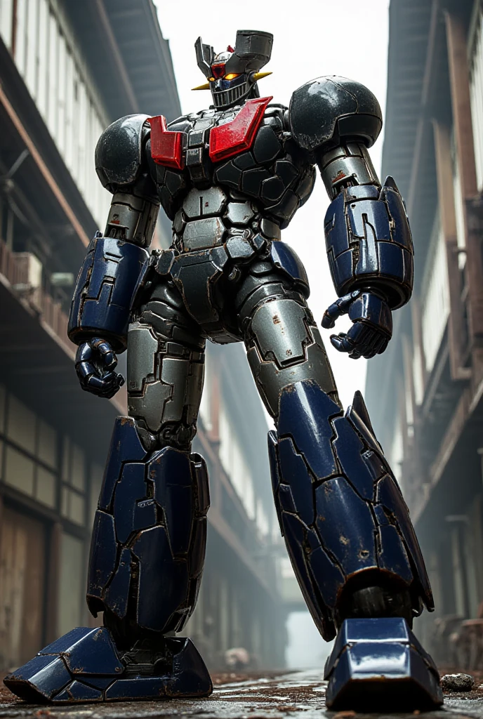   A very realistic, beautiful body version of the giant Mazinger Z while charging  , Fighting pose at a height of 138 meters ahead  .   Constructed of modern materials such as steel  ,   Carbon Fiber  ,   Other industrial elements are also visible  ,   just like the real thing  , Beautiful appearance, bolt,   realistic texture  , The cleaned exterior 、 shows some signs of wear  .   The latest electronic components that emit light are iconic features such as the chest plate and head、 has been carefully reproduced .   It is set in an industrial environment at a modern giant facility repair shop  ,   it looks like the Mazinger Z is standing around during maintenance  ,   are illuminated by natural light  、  A huge structure highlighted by realistic shadows  . 