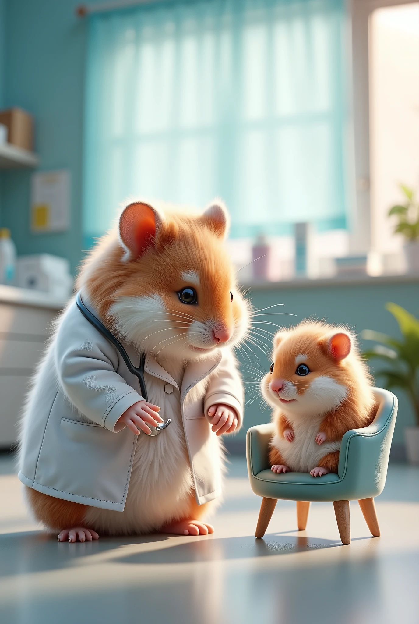The scene is a hospital examination room. A very cute stuffed hamster with very short limbs and a fat body is dressed as a doctor in a white coat. A small baby hamster is sitting on a small chair. The doctor's hamster is examining the baby hamster, ral-fluff,