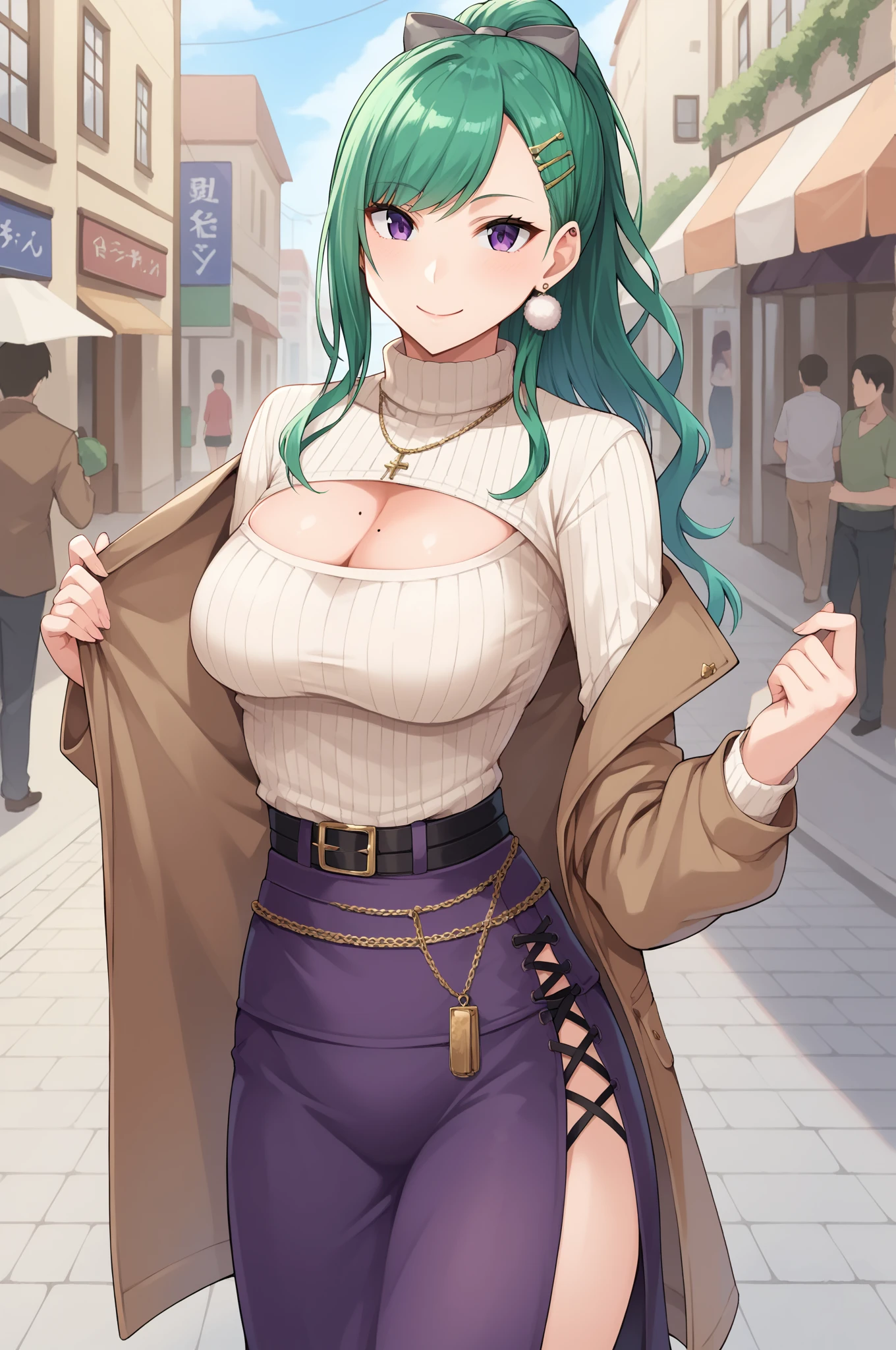 score_9, score_8_up, score_7_up, source_anime, beniyakumo, 1girl, solo, green hair, long hair, ponytail, hair bow, grey bow, hairclip, hair ornament, swept bangs, purple eyes, big breasts, cleavage, mole, mole on breast, brown coat, white sweater, cleavage cutout, see-through, turtleneck sweater, black belt, purple skirt, long skirt, cross-laced clothes, side slit, handbag, earrings, pom pom \(clothes\), looking at viewer, smile, closed mouth, standing, outdoors, cowboy shot, 
fullcolor,manga, doujinshi