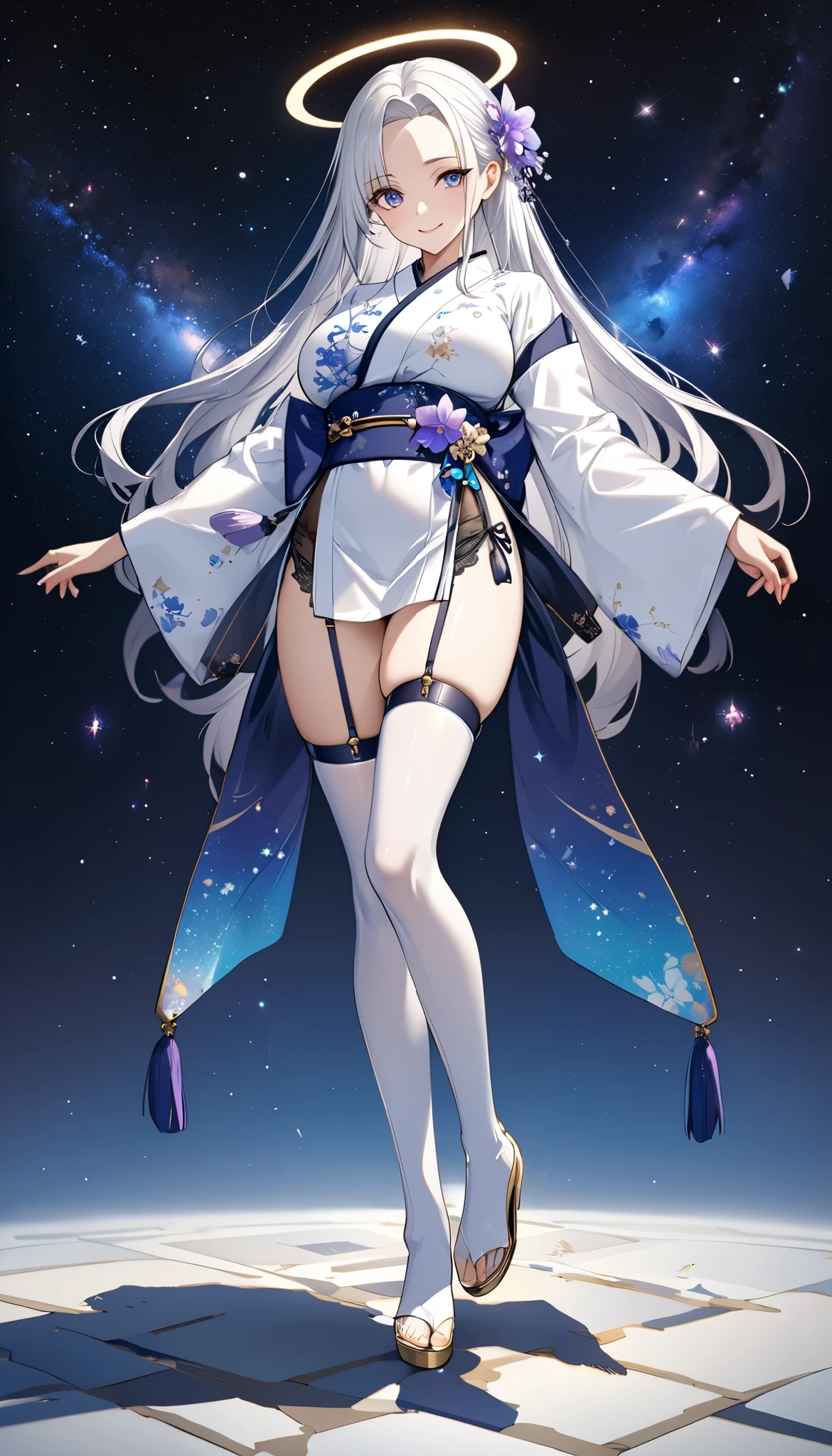 Fresh illustration,
Ultra-fine drawing,
Top quality,
Very delicate illustration,
Very fine details,
Beautiful charming anime woman,
Enchanting anime girl,
Super detailed,
Beautiful and sophisticated,
Illustration of a girl,
Full body,
Standing motionless,
Arms slightly spread,
Height 158cm,
Fair skin,
Right eye is blue,
Left eye is purple,
Odd eye,
Heterochromie iris,
Large black pupil,
Beautiful eyes,
Super long hair,
Shiny hair,
Blue roots and white hair elsewhere,
Hair with gradient,
Forehead protruding,
Cute face,
Pretty face,
Shiny halo on back of head,
Lower eyebrows,
Smiling,
Upper body in kimono,
Upper body in traditional Japanese clothing,
Overall white clothes,
Lower body in Chinese dress,
Obi color is black,
Tasteful embroidery with gold thread,
High quality fabric clothes,
big breasts,
breasts look soft,
thong,
garter belt,
stockings,
thigh straps,
thigh straps digging into skin,
white long boots,
shoes with Japanese-style toes,
thin waist,
thick thighs,
isometric,
golden ratio,
divine atmosphere,
wearing an indigo-colored stand-up collared inner,
outer space,
multiple galaxies,
countless small stars,
tactical use of shadows,
clothes and hair do not extend beyond the frame,