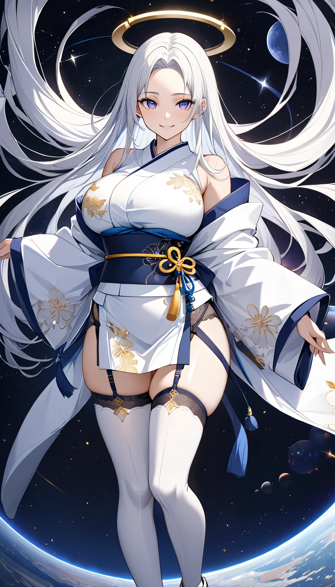 Fresh illustration,
Ultra-fine drawing,
Top quality,
Very delicate illustration,
Very fine details,
Beautiful charming anime woman,
Enchanting anime girl,
Super detailed,
Beautiful and sophisticated,
Illustration of a girl,
Full body,
Standing motionless,
Arms slightly spread,
Height 158cm,
Fair skin,
Right eye is blue,
Left eye is purple,
Odd eye,
Heterochromie iris,
Large black pupil,
Beautiful eyes,
Super long hair,
Shiny hair,
Blue roots and white hair elsewhere,
Hair with gradient,
Forehead protruding,
Cute face,
Pretty face,
Shiny halo on back of head,
Lower eyebrows,
Smiling,
Upper body in kimono,
Upper body in traditional Japanese clothing,
Overall white clothes,
Lower body in Chinese dress,
Obi color is black,
Tasteful embroidery with gold thread,
High quality fabric clothes,
big breasts,
breasts look soft,
thong,
garter belt,
stockings,
thigh straps,
thigh straps digging into skin,
white long boots,
shoes with Japanese-style toes,
thin waist,
thick thighs,
isometric,
golden ratio,
divine atmosphere,
wearing an indigo-colored stand-up collared inner,
outer space,
multiple galaxies,
countless small stars,
tactical use of shadows,
clothes and hair do not extend beyond the frame,