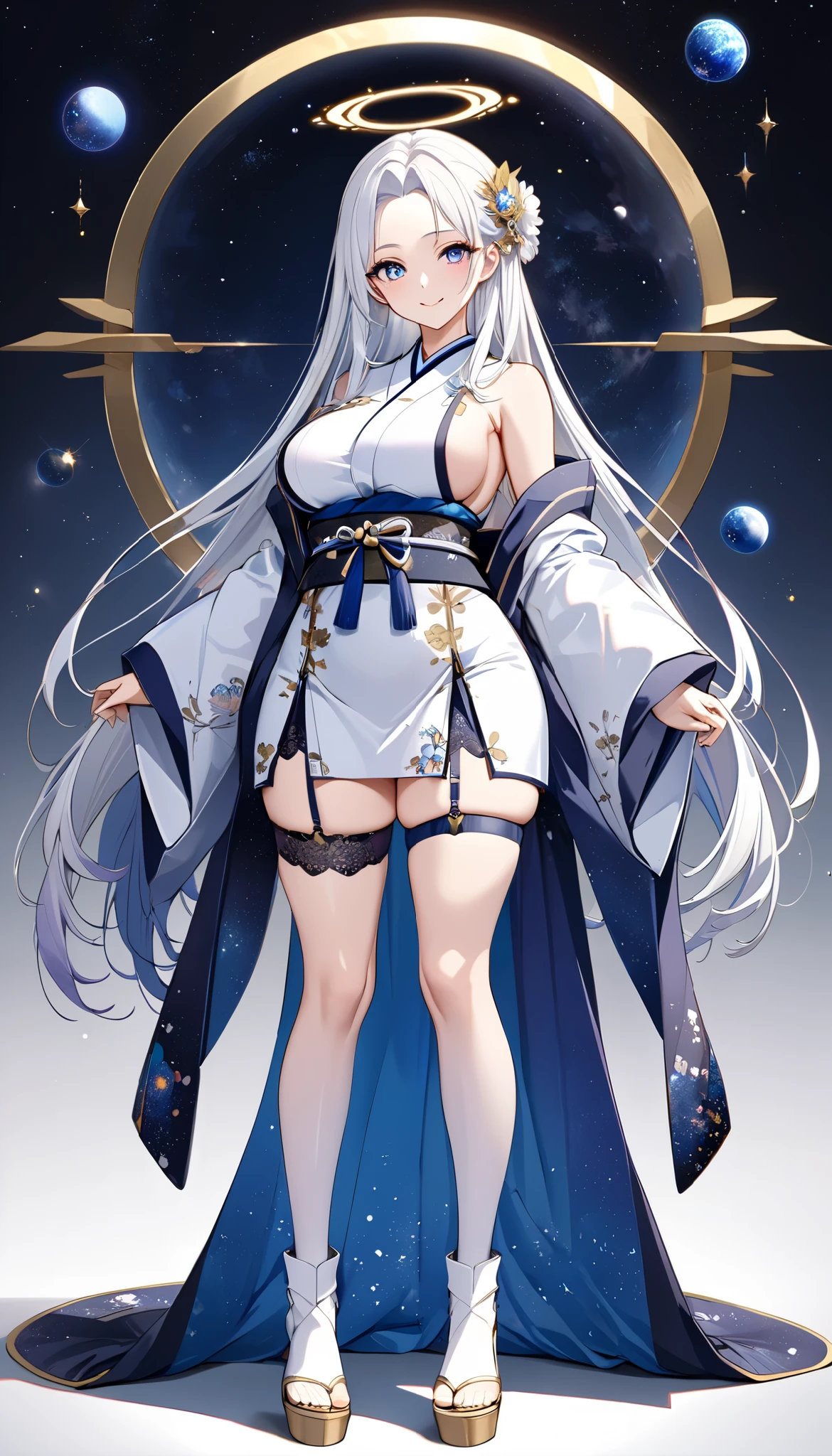 Fresh illustration,
Ultra-fine drawing,
Top quality,
Very delicate illustration,
Very fine details,
Beautiful charming anime woman,
Enchanting anime girl,
Super detailed,
Beautiful and sophisticated,
Illustration of a girl,
Full body,
Standing motionless,
Arms slightly spread,
Height 158cm,
Fair skin,
Right eye is blue,
Left eye is purple,
Odd eye,
Heterochromie iris,
Large black pupil,
Beautiful eyes,
Super long hair,
Shiny hair,
Blue roots and white hair elsewhere,
Hair with gradient,
Forehead protruding,
Cute face,
Pretty face,
Shiny halo on back of head,
Lower eyebrows,
Smiling,
Upper body in kimono,
Upper body in traditional Japanese clothing,
Overall white clothes,
Lower body in Chinese dress,
Obi color is black,
Tasteful embroidery with gold thread,
High quality fabric clothes,
big breasts,
breasts look soft,
thong,
garter belt,
stockings,
thigh straps,
thigh straps digging into skin,
white long boots,
shoes with Japanese-style toes,
thin waist,
thick thighs,
isometric,
golden ratio,
divine atmosphere,
wearing an indigo-colored stand-up collared inner,
outer space,
multiple galaxies,
countless small stars,
tactical use of shadows,
clothes and hair do not extend beyond the frame,