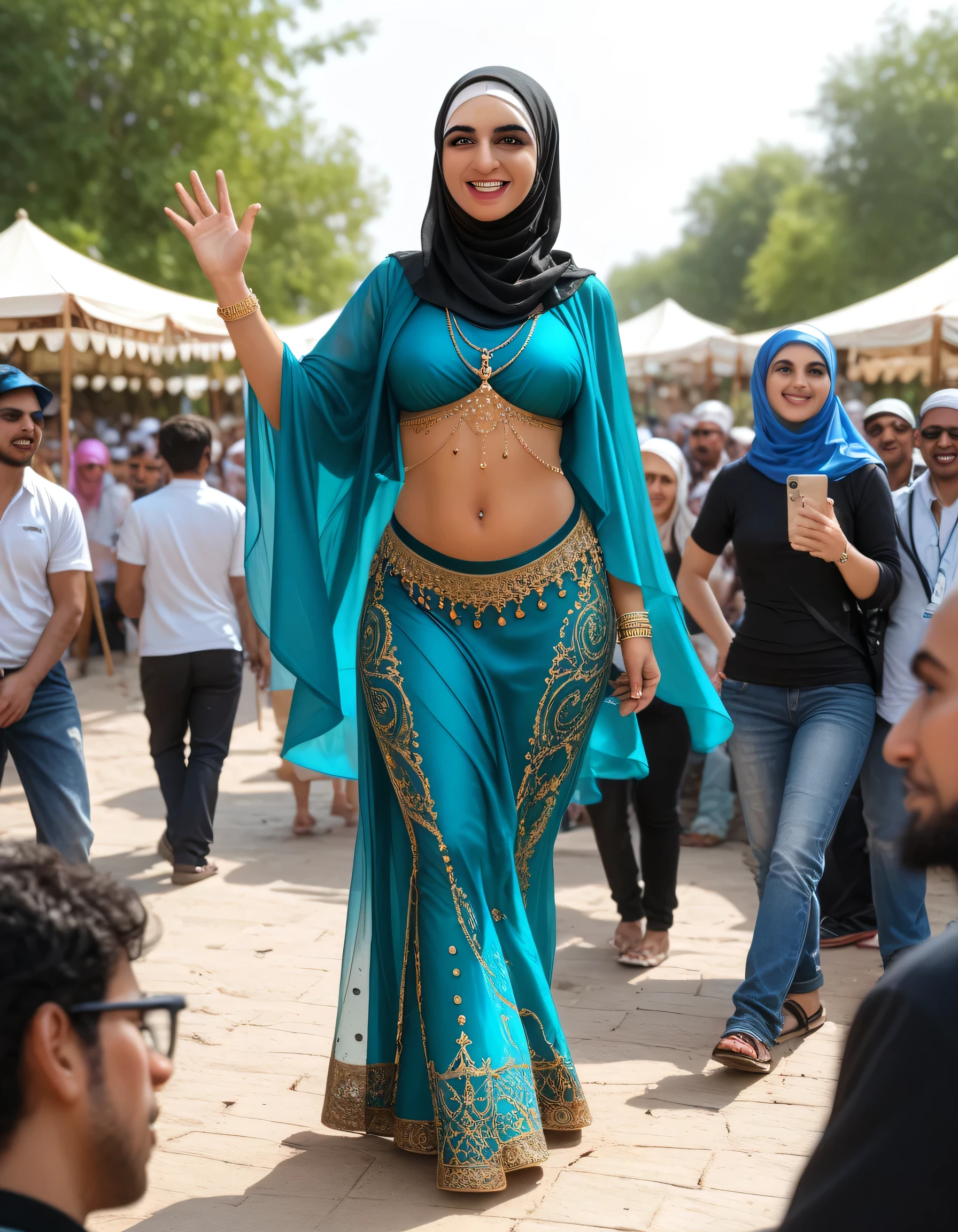 An arabic black hijab woman, arabic muslim neqab, muslim face vail, One  POV boy big eraction under clothes,(CFNM:0.4) (molestation:1.1) 3DMM, ((Masterpiece, best quality, photography, detailed skin, realistic, photo-realistic, 8k, highly detailed, full length frame, High detail RAW color art, diffused soft lighting, shallow depth of field, sharp focus, hyperrealism, cinematic lighting, hijab,absorber,(​masterpiece、top-quality、8K ),intricate detailes,ultra-detailliert、2 Beautiful Arab Woman belly dancing、in America market crowd (crowd of Arab traditional mens: 1.2), crowd chairing with joy, showing Arab sorwad. (Ancient Arab national costumes,Hijab:1.1), (face veils:1.1)A slight smil、darkskinned、black curly hair、Arabian Market、Hyper realistic,Perfect Anatomy, beautiful face details, hands details ,wide hip, crowd chairing with joy happiness waving stowed Arab weapons, warm color tones, photorealistic, 8k, high quality, masterpiece, focus hijab area