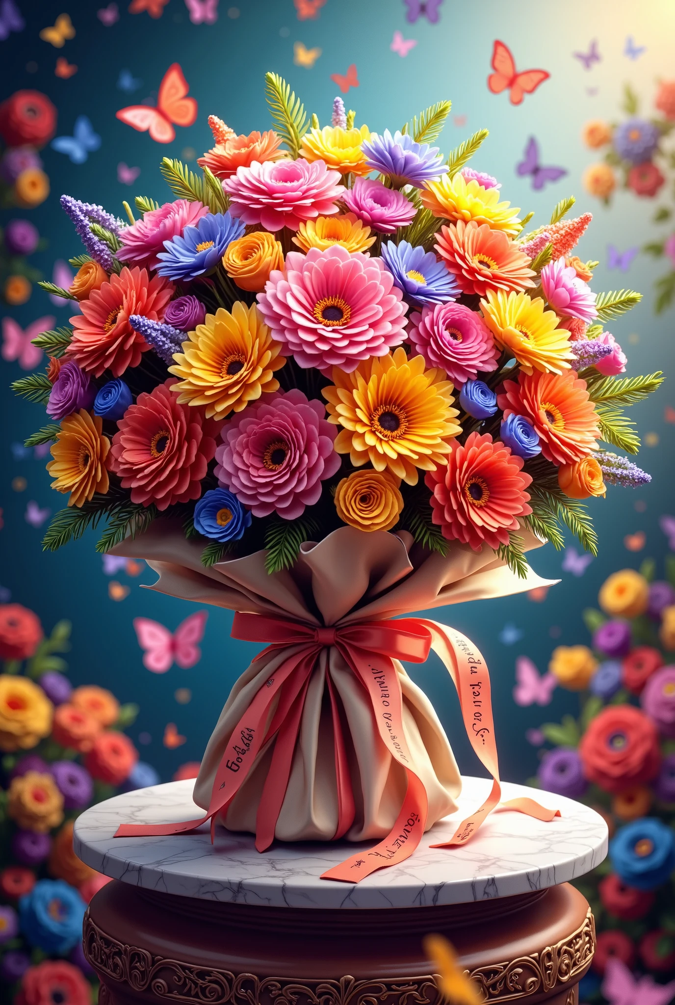  A bright bouquet of Flowers with various Colorful and Extraordinarily Beautiful Flowers wrapped in a beautiful ribbon with text "for you" With a beautiful heart and a shape with the text  "Love" bright colors,  Everything lies on a round marble table with ,  patterns against a background of delicate flowers with an abundance of colors and butterflies flying colorful everywhere ,  masterpiece fails,  Maximum Quality , wallpaper,  dynamic shadows ,  better quality ,  complex parts, ultra details, 8 k,