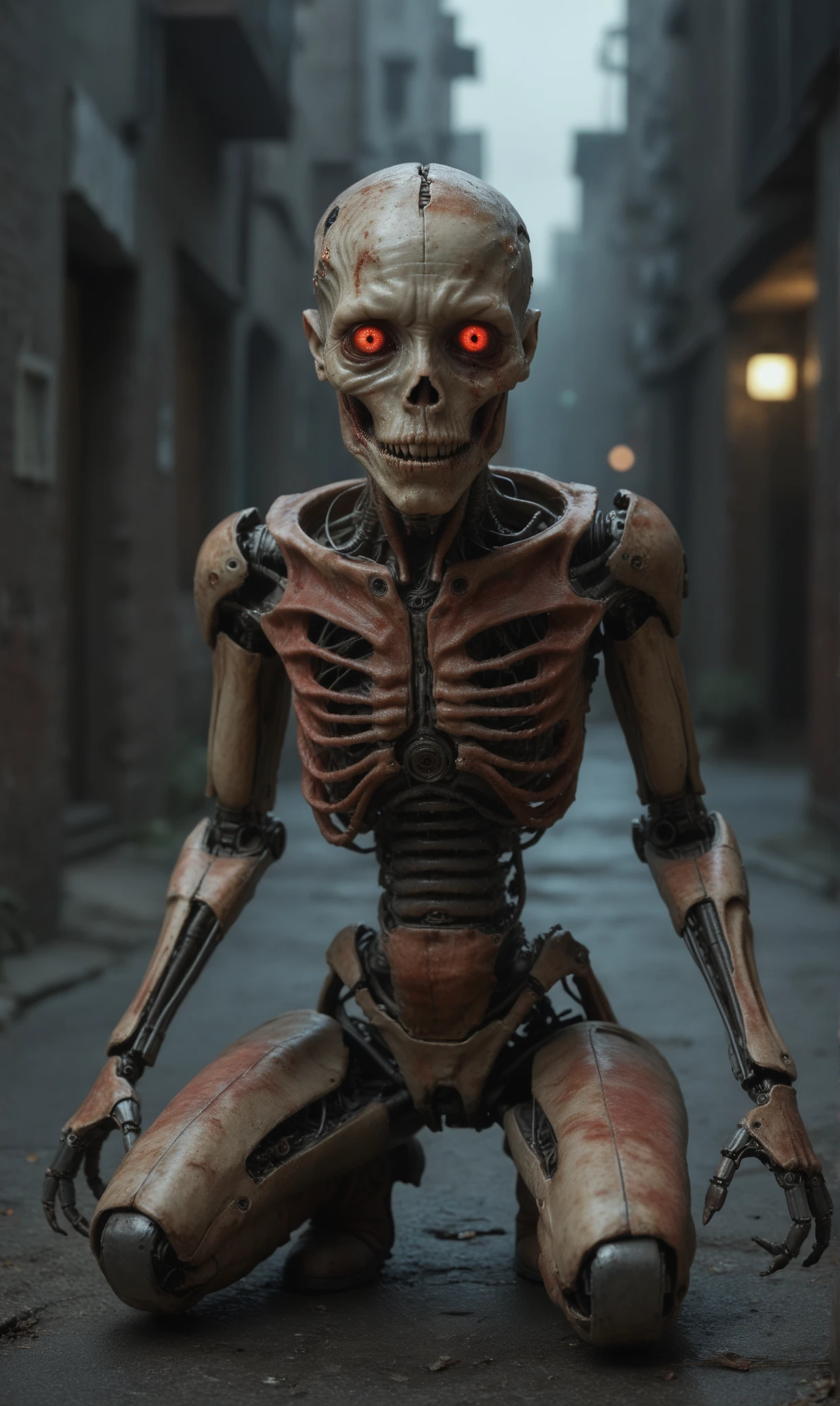 score_9, score_8_up, score_7_up, score_6_up, photo, realism, photorealistic, cowboy shot, horror, creature, male, cyborg, skinny, scary mechanical face, disheveled clothes, mechanical body parts, rusty, crouched, looking at viewer, red eyes, dark alley, night, dark, dim light, muted colors, gloomy, depth of field, bokeh, HDR 