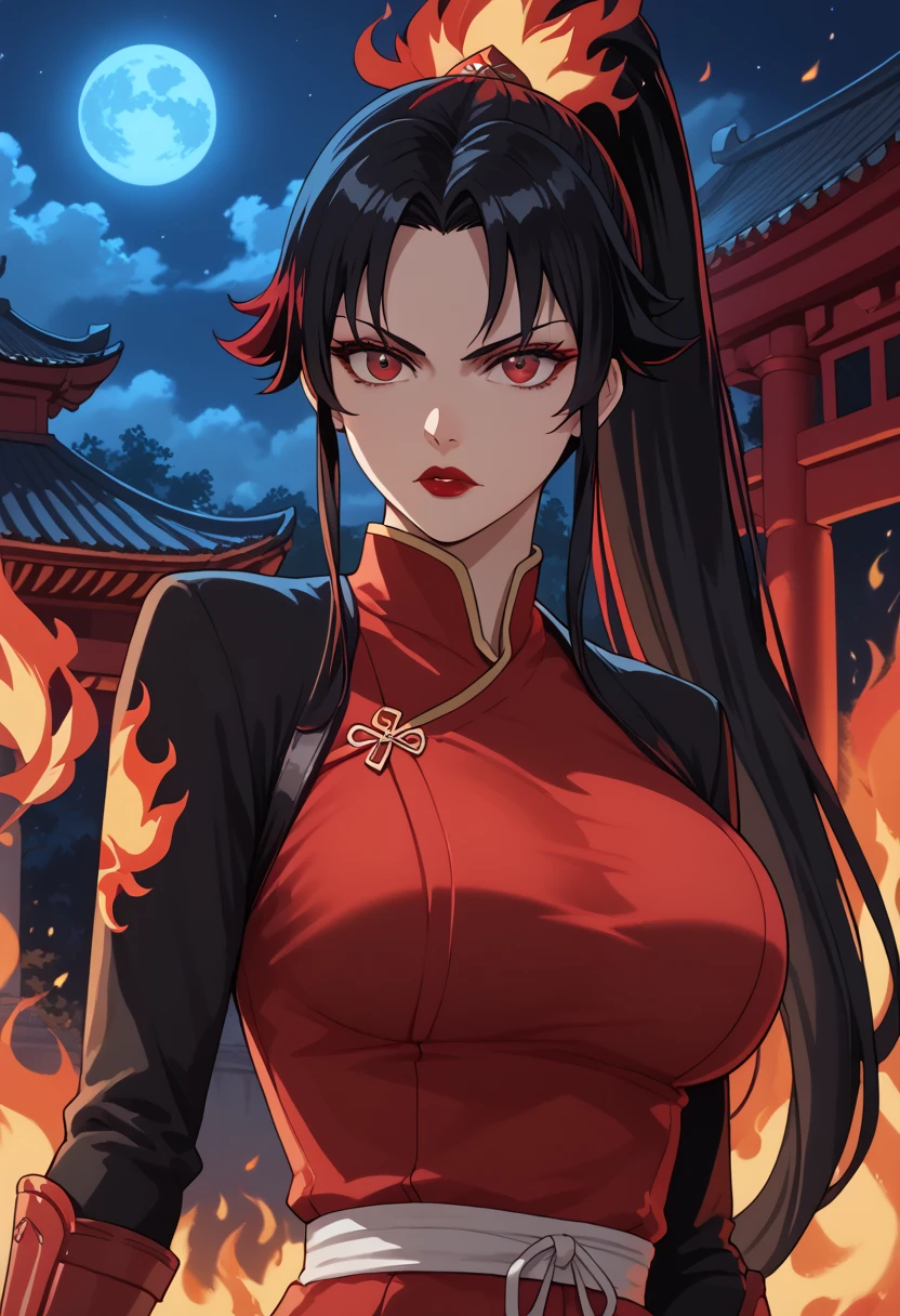 black woman, woman, flaming hair, black skin, anime style, red fire powers, dark red eyes, black hair, long hair, ponytail, serious, blood red fire, chinese temple, big breasts, traditional japanese clothing, goddess, red flames, adult, fire at the ends of hair, red dress, night, blood red lipstick