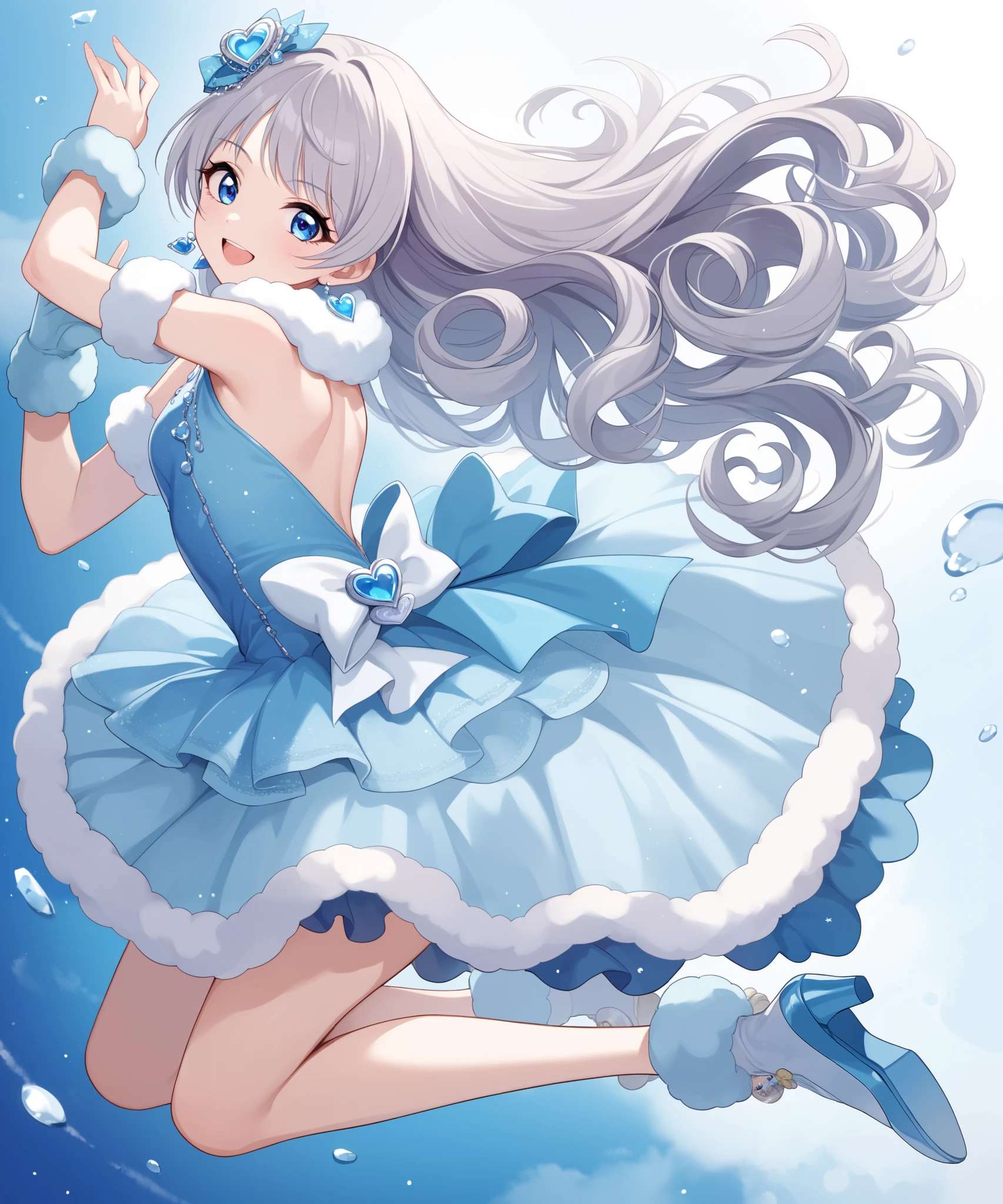 score_9, score_8_up, score_7_up, score_6_up, source_anime,1girl, solo,silver hair, curly hair,long hair,blue eyes,gorgeous eyes, (pale skin),(looking at the viewer),(backless dress),(idol dress),(exposed back),(fur trim),jumping,singing, smile,full body shot, ((from the back)),idol concert