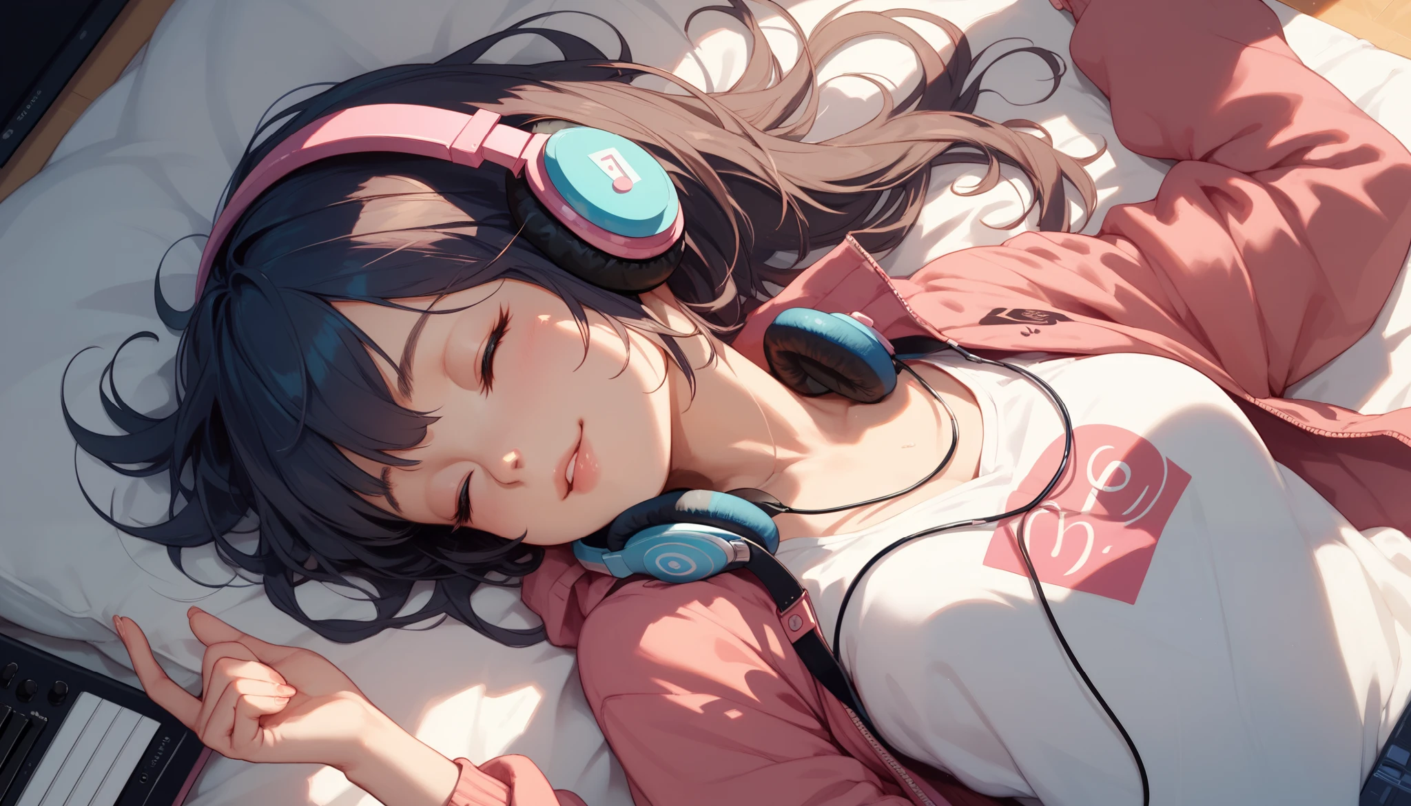 Cute Japanese girl. She is lying on her bed listening to music with headphones. My eyes are closed. The music is blaring. The view from above.