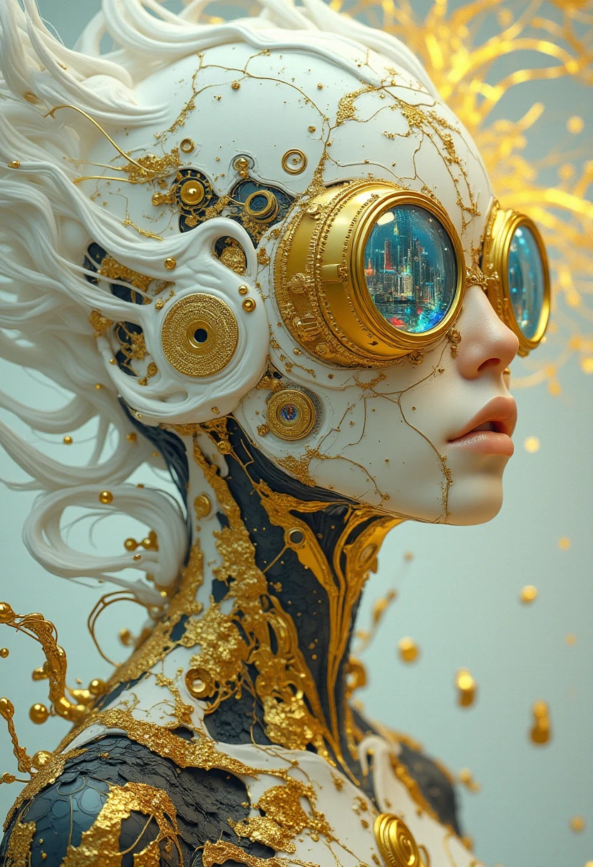 A futuristic, surreal portrait of a biomechanical cyber-woman with intricate, organic, and mechanical elements integrated into her design. She has flowing white hair that seems to merge into a swirling, cloud-like texture, and her skin is porcelain white with delicate golden cracks resembling a network of veins or circuits. She wears elaborate steampunk goggles with golden frames, reflecting a vibrant, abstract cityscape. Her neck and shoulders are adorned with intricate, lace-like patterns resembling a blend of golden filigree and dark organic matter. The overall aesthetic is a fusion of cyberpunk, baroque, and fantasy, with glowing, otherworldly highlights and a soft, ethereal background. The mood is mysterious, elegant, and futuristic.,
