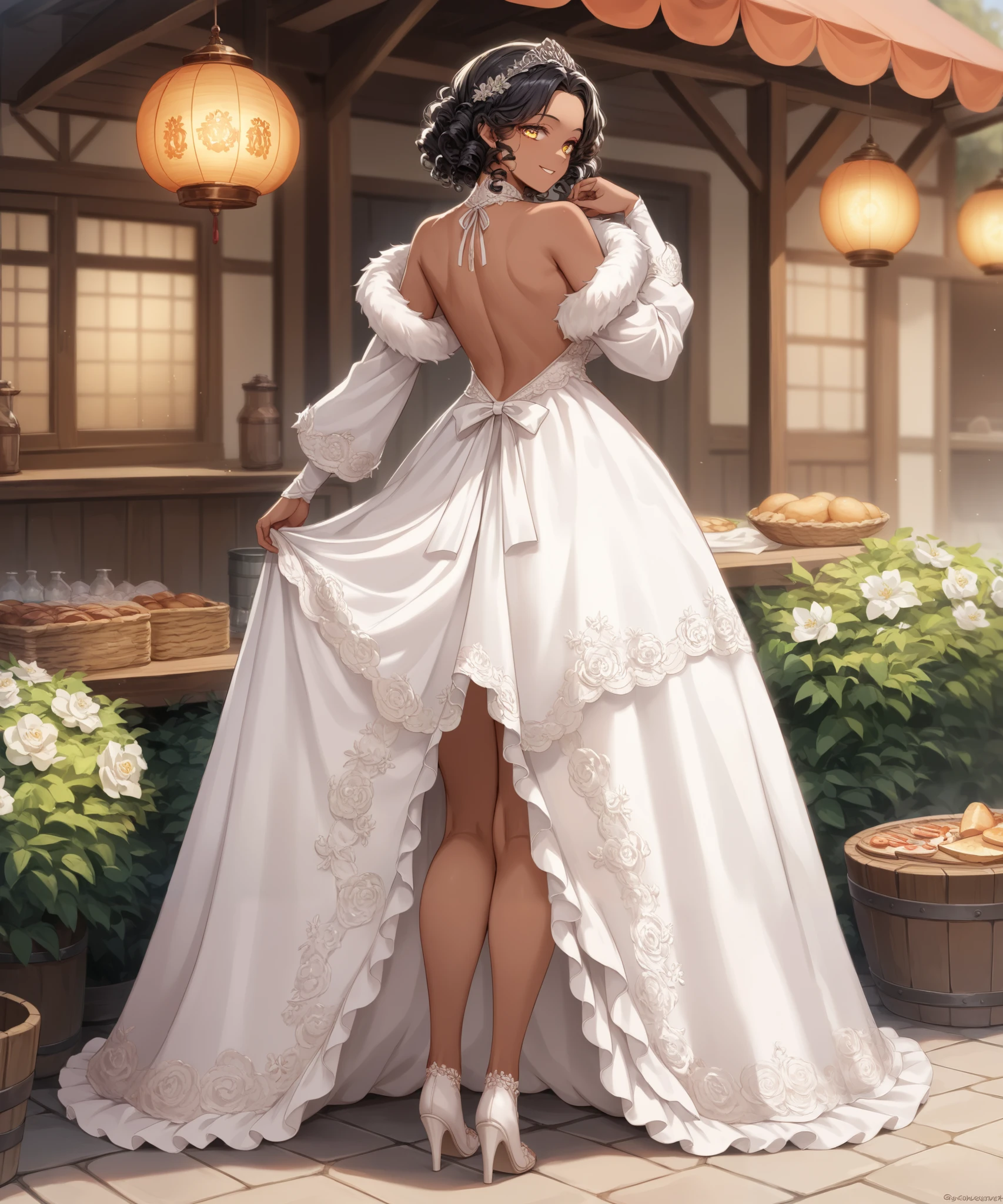 score_9, score_8_up, score_7_up, score_6_up, source_anime,1girl, solo,black hair, curly hair, shor hair,yellow eyes,gorgeous eyes, (dark skin), (dark-skinned_female),(looking at the viewer),(backless dress),wedding dresslace trimchokernecklacelong dresslace glovesjuliet sleeveslong sleeves,(exposed back),(fur trim), smile,full body shot, from the back,medieval festival