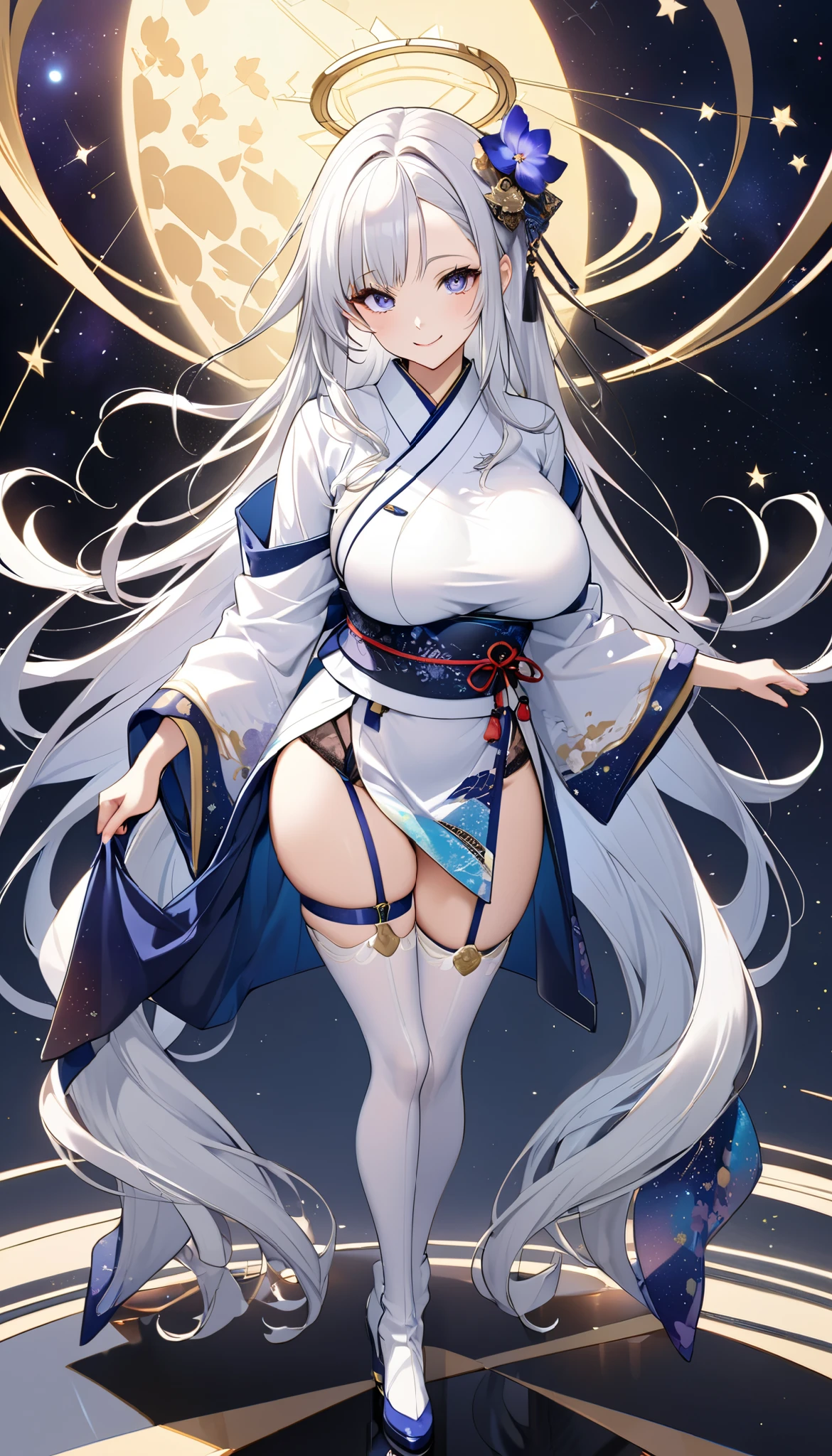 Fresh illustration,
Ultra-fine drawing,
Top quality,
Very delicate illustration,
Very fine details,
Beautiful charming anime woman,
Enchanting anime girl,
Super detailed,
Beautiful and sophisticated,
Illustration of a girl,
Full body,
Standing motionless,
Arms slightly spread,
Height 158cm,
Fair skin,
Right eye is blue,
Left eye is purple,
Odd eye,
Heterochromie iris,
Large black pupil,
Beautiful eyes,
Super long hair,
Shiny hair,
Blue roots and white hair elsewhere,
Hair with gradient,
Forehead protruding,
Cute face,
Pretty face,
Shiny halo on back of head,
Lower eyebrows,
Smiling,
Upper body in kimono,
Upper body in traditional Japanese clothing,
Overall white clothes,
Lower body in Chinese dress,
Obi color is black,
Tasteful embroidery with gold thread,
High quality fabric clothes,
big breasts,
breasts look soft,
thong,
garter belt,
stockings,
thigh straps,
thigh straps digging into skin,
white long boots,
shoes with Japanese-style toes,
thin waist,
thick thighs,
isometric,
golden ratio,
divine atmosphere,
wearing an indigo-colored stand-up collared inner,
outer space,
multiple galaxies,
countless small stars,
tactical use of shadows,
clothes and hair do not extend beyond the frame,