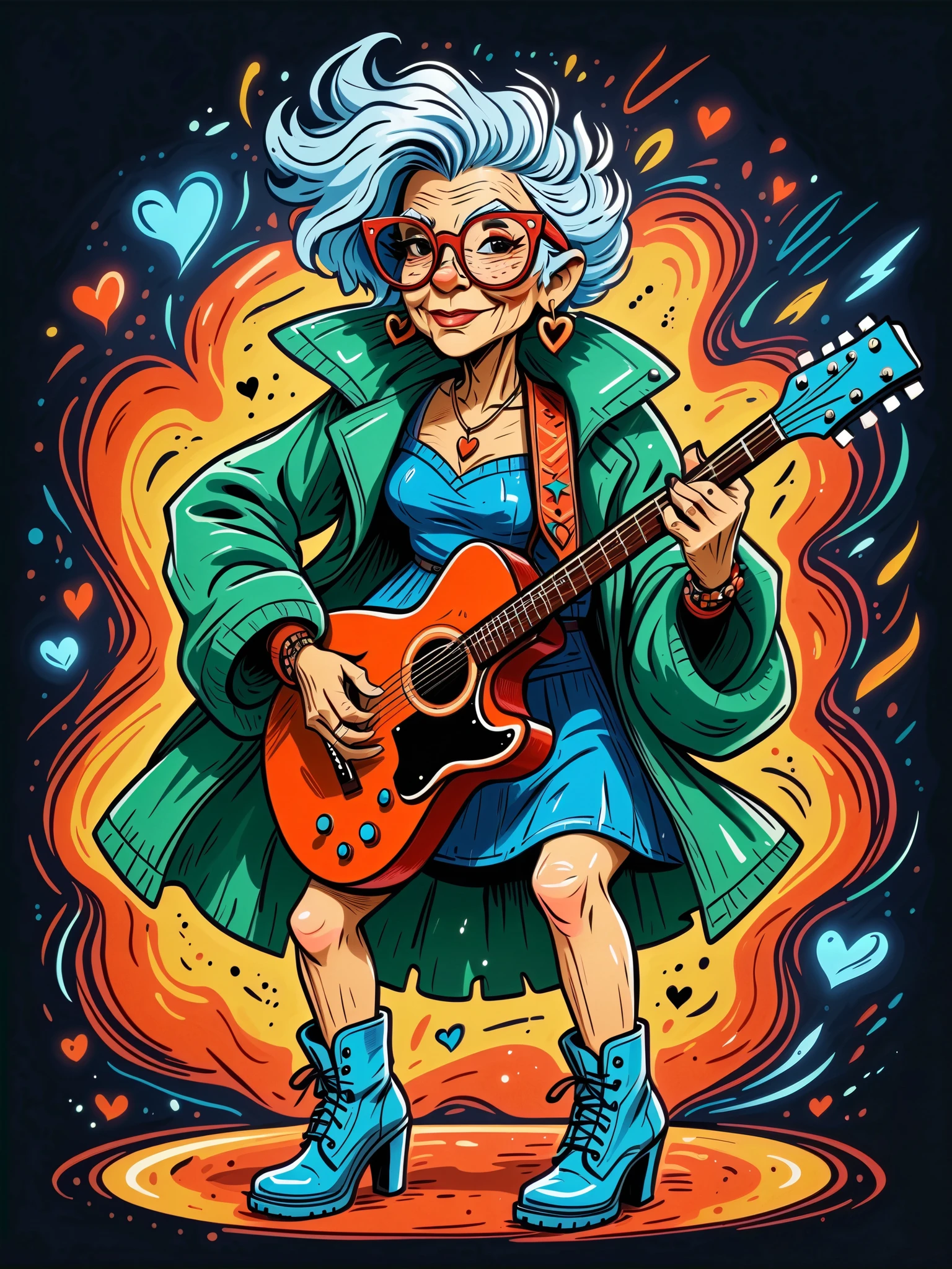 Cartoon hand drawn, 1 Elderly, solo, Lightning energy，Electricity elements，Love tiara，Wearing large heart-shaped glasses，Blue Highlight Lightning，Wearing bright blue and green square clothes，high-heel boots，Playing guitar，the guitar player, The color palette is in red, orange and black tones and has a sketchy style, The background should have a simple hand-drawn doodle pattern