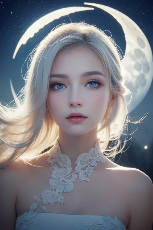 masterpiece, ( top quality : 1.2), (Super fine: 1.2), illustrations, ( extremely delicate and beautiful: 1.2), Film Angle, floating, ( beautiful detailed eyes: 1.1), (detail light: 1.1), film light , Delicate Sky, woman, White Hair, blue eyes, ( high ponytail: 1.1), clock, Shining Eyes, (moon: 1.2), (moonlight: 1.1), starry sky , (Particles of light: 1.1), fog , Snow Painting, sketch, flower