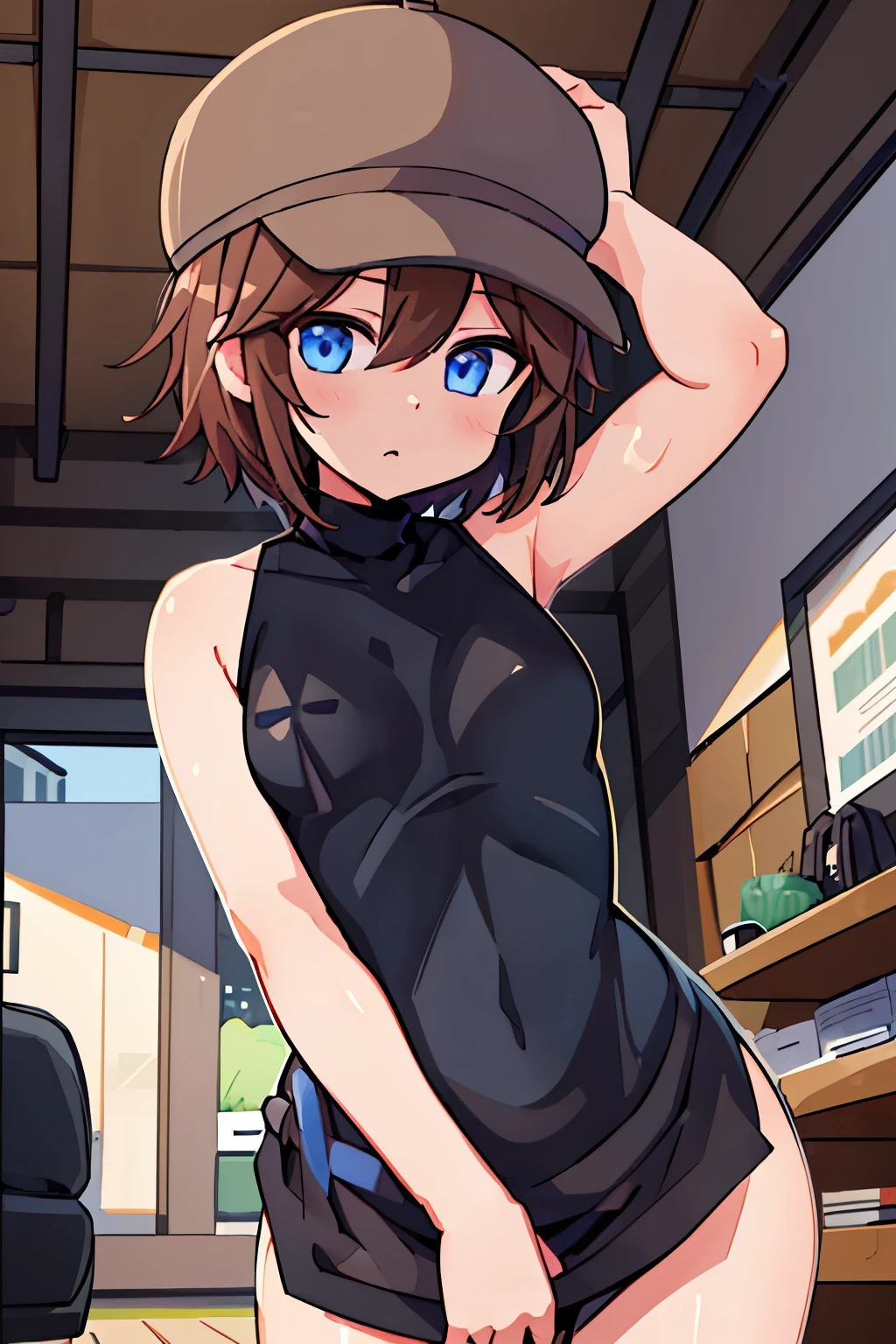 ( 1 girl, One Man,)、 blue eyes, review, short hair , Brown hat, Brown Hair, black sweater , sleeveless turtleneck, brown plaid skirt ,A middle-aged man is behind a girl,Naked middle-aged man, Love Hotel
