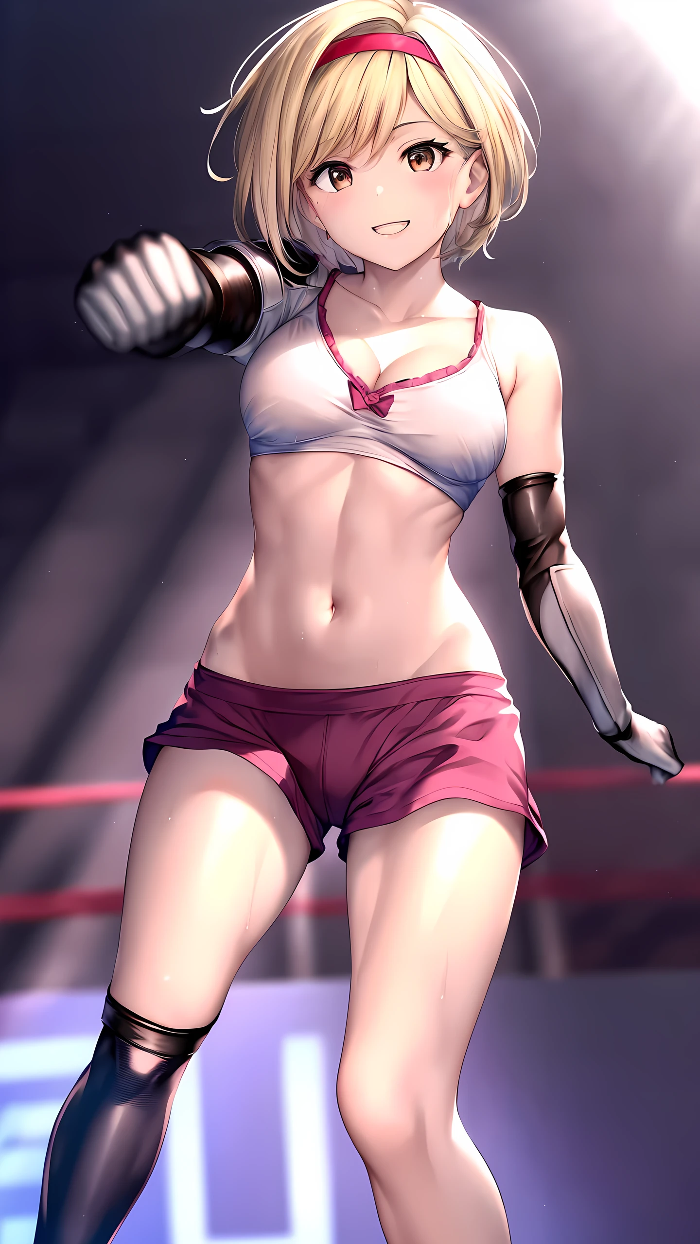 djeeta_(granblue_fantasy), brown eyes, 1girl, solo, Detailed eyes, (sports bra:2, short spats:2, bare thigh, mma gloves, nosleeves:1.3, cleavage, visible navel), Perfect body, (happy smile:1.5), Toned body, Ultra HD, Detailed eyes, Detailed face, (upper knee shot:2), medium breast, looking at viewer, sweaty, professional wrestling, Crowd Circle View, professional wrestling, spectator seats, Crowd Circle View, Fights in professional wrestling, from below