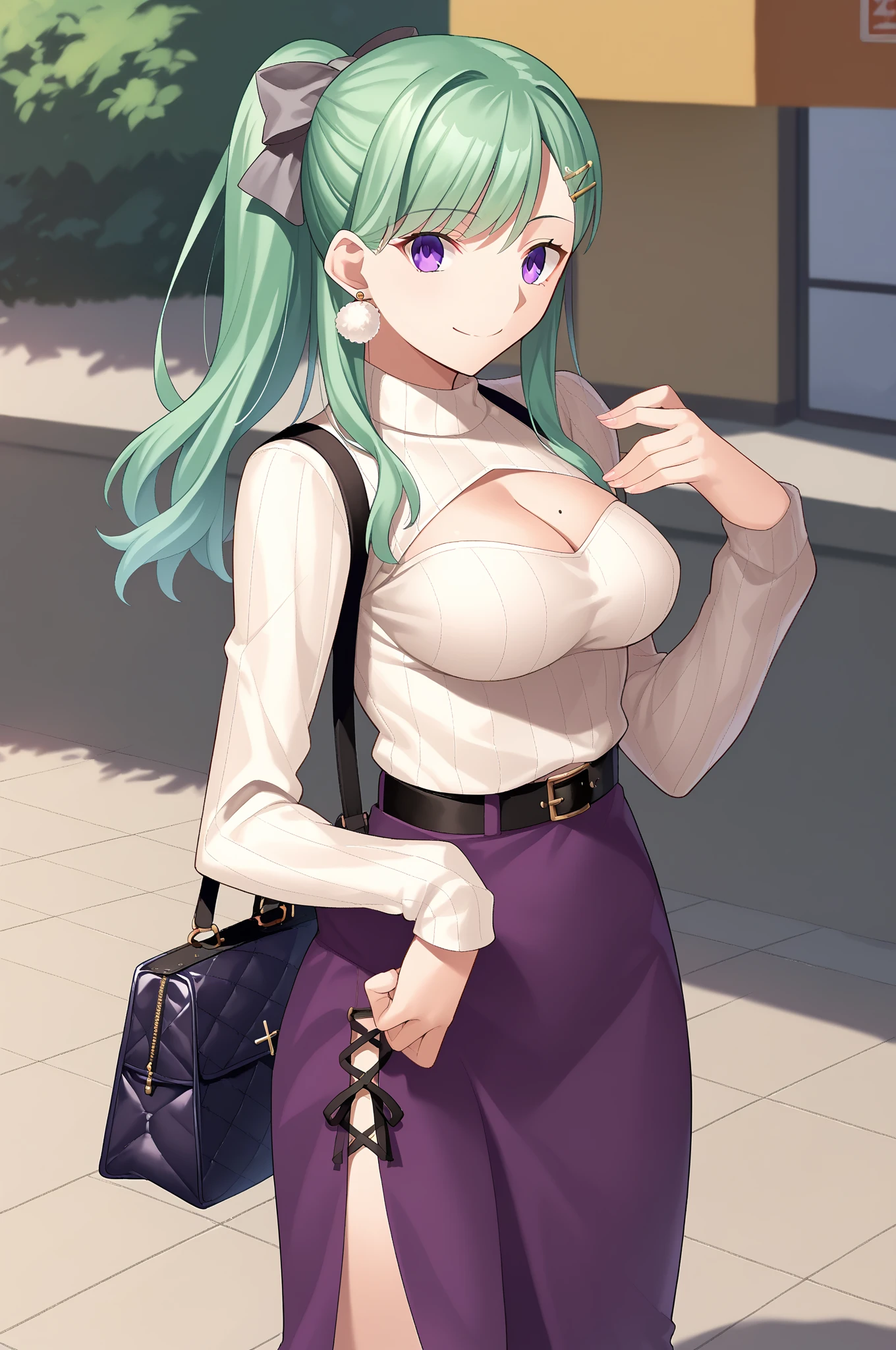 score_9, score_8_up, score_7_up, source_anime, beniyakumo, 1girl, solo, green hair, long hair, ponytail, hair bow, grey bow, hairclip, hair ornament, swept bangs, purple eyes, big breasts, cleavage, mole, mole on breast, brown coat, white sweater, cleavage cutout, see-through, turtleneck sweater, black belt, purple skirt, long skirt, cross-laced clothes, side slit, handbag, earrings, pom pom \(clothes\), looking at viewer, smile, closed mouth, standing, outdoors, cowboy shot, 
fullcolor,manga, doujinshi