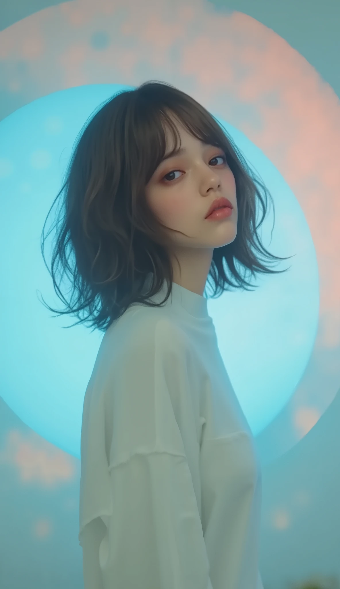 masterpiece, super detailed ,Jenna Ortega、Minimalist and spiritual portrait of a young woman with braided pigtails , Her profile is softly illuminated against a pale blue circular background. Adding a Futuristic Touch , that turns the womb inside out。 Her crisp white shirt . delicate, Minimalist and spiritual portrait of a young woman with a short bob hairstyle , Use、 Introducing . exudes a clean and gentle aesthetic , So that the natural , モダンとSo that the natural 要素の調和のとれたシンプルな服装 . the overall mood is calm, introspective , delicateで, Organic Contrast .”
