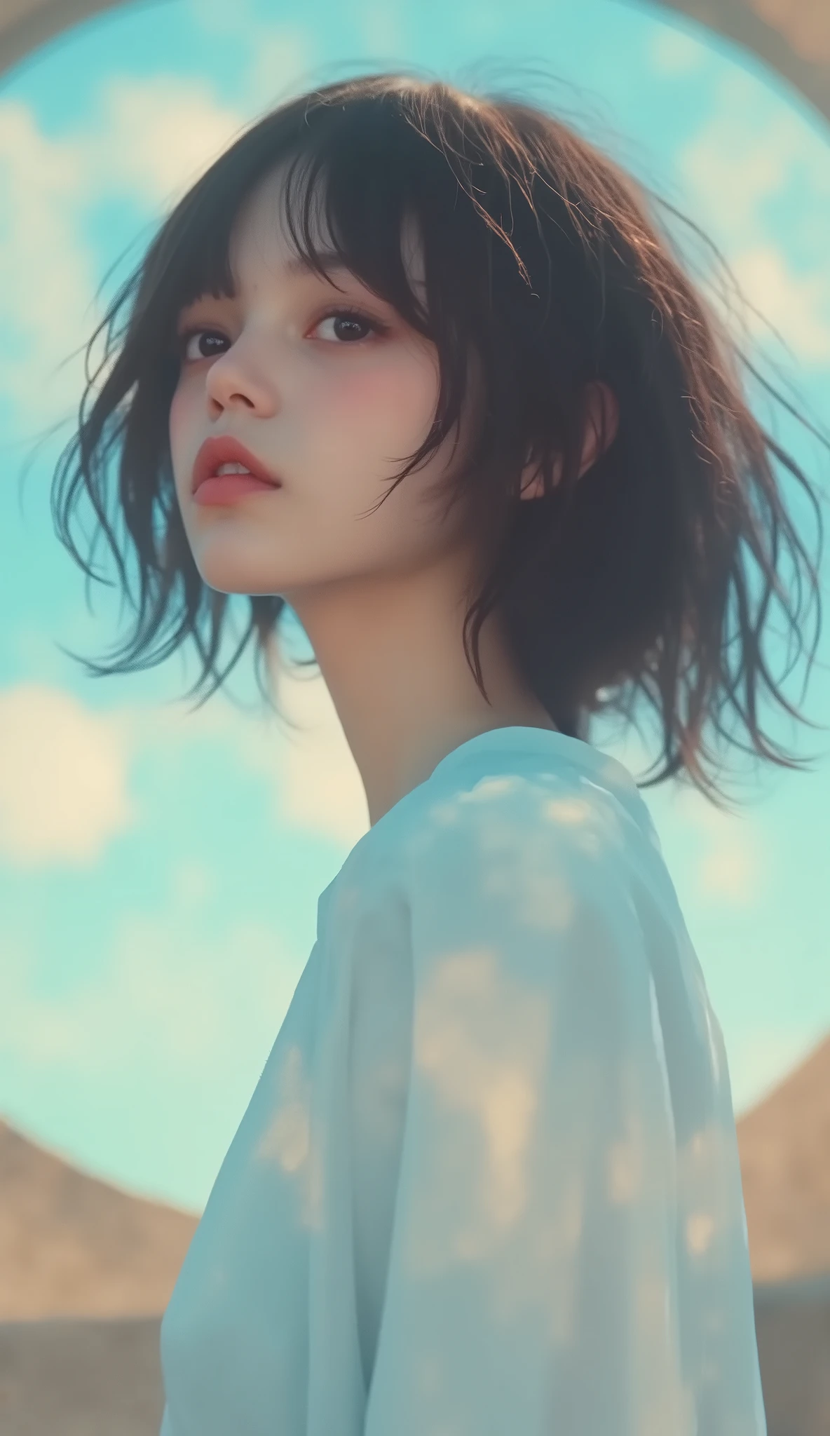 masterpiece, super detailed ,Jenna Ortega、Minimalist and spiritual portrait of a young woman with braided pigtails , Her profile is softly illuminated against a pale blue circular background. Adding a Futuristic Touch , that turns the womb inside out。 Her crisp white shirt . delicate, Minimalist and spiritual portrait of a young woman with a short bob hairstyle , Use、 Introducing . exudes a clean and gentle aesthetic , So that the natural , モダンとSo that the natural 要素の調和のとれたシンプルな服装 . the overall mood is calm, introspective , delicateで, Organic Contrast .”