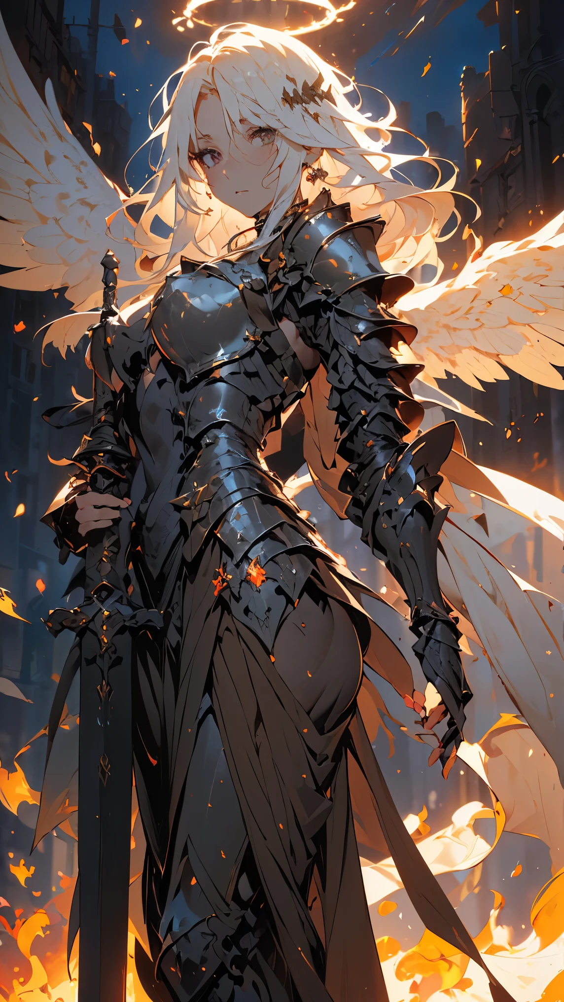 ((Best quality, 8k, Masterpiece: 1.3)), Sharp focus A beautiful woman with perfect body, Highly detailed face and skin texture, (Detailed eyes), Angel, winged angel, steel-armored angel, armed angel, white hair, messy hair, hair over shoulder, halo, Scene descending from heaven, light shines from the sky In the darkness