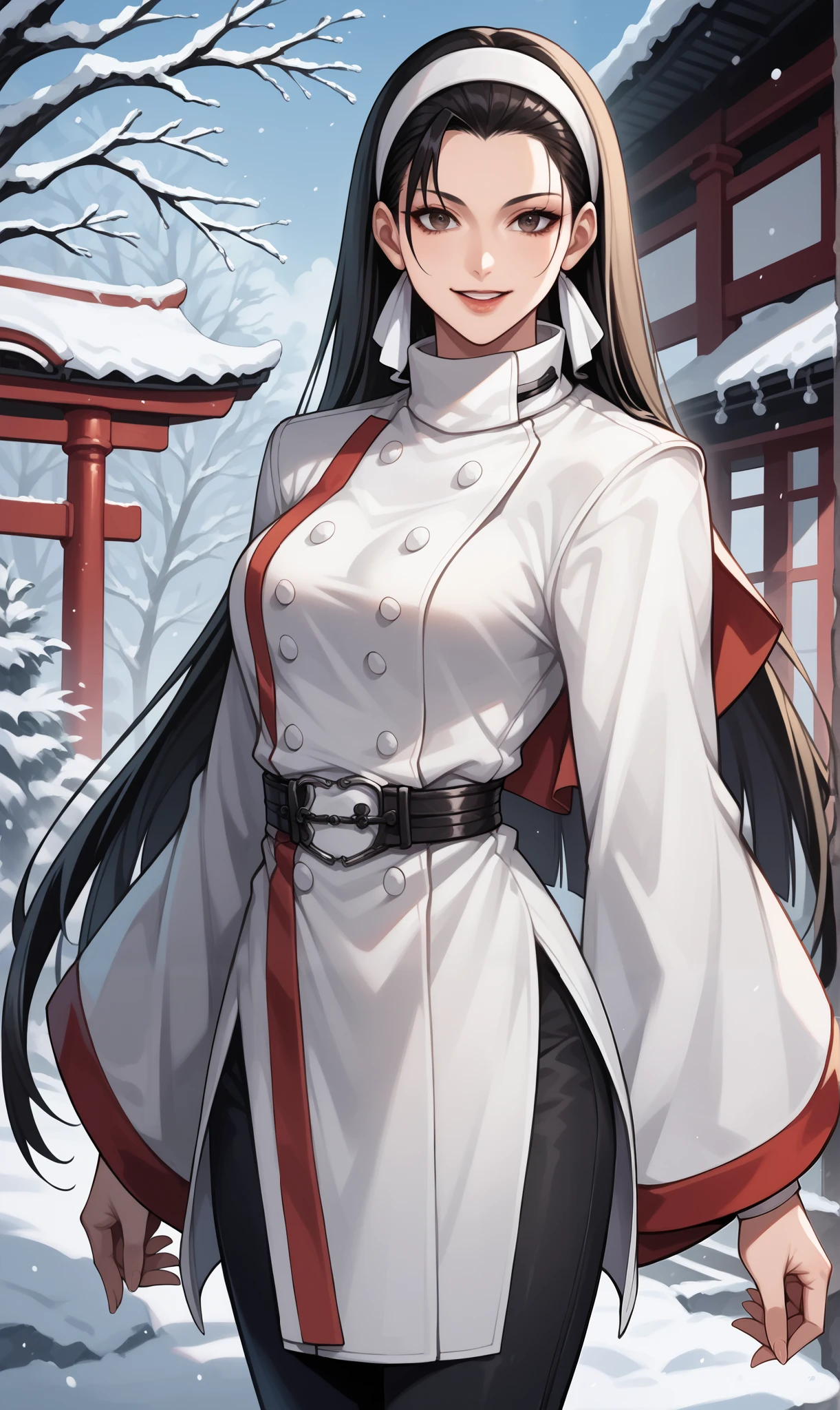 score_9, score_8_ up, score_7_ up, score_6_ up, Source_Anime, BREAK Masterpiece, Chisel KOF , hair has been slicked back, long hair, Black Hair、 white hair band, Japanese clothing, belt, wide sleeve, black pants , shrine, chest, smile, open lips, Getting her hair done, viewers because it's Shiragane in the middle of winter, Cowboy Shot ,