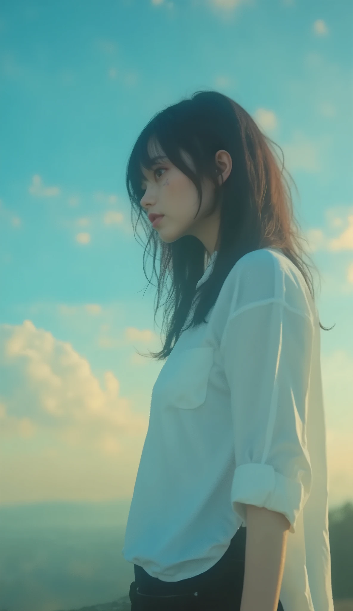 masterpiece, super detailed ,Jenna Ortega、Minimalist and spiritual portrait of a young woman with braided pigtails , Clusters of bright blue flowers paint a subtle pattern all over her pale skin {x} Her The profile is softly illuminated against a pale blue circular background. Adding a Futuristic Touch , that turns the womb inside out。 Her crisp white shirt . delicate, Minimalist and spiritual portrait of a young woman with a short bob hairstyle , Use、 Introducing . exudes a clean and gentle aesthetic , So that the natural , モダンとSo that the natural 要素の調和のとれたシンプルな服装 . the overall mood is calm, introspective , delicateで, Organic Contrast .”